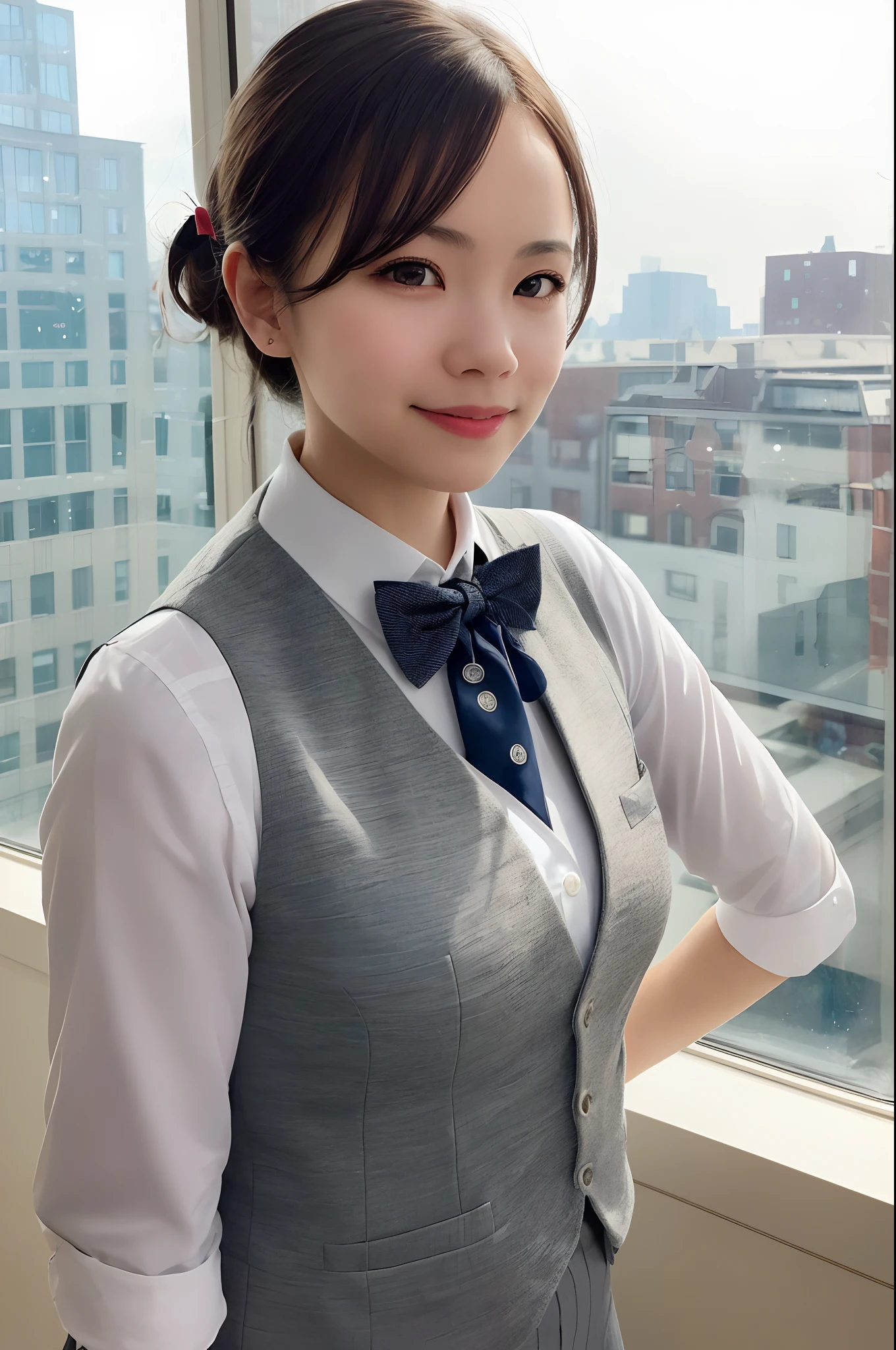 1girl, matured female, vest, bow, photo, realistic, best quality, hires, detailed face, office, buildings from window, detailed background, diffused sunlight, depth of field, bokeh