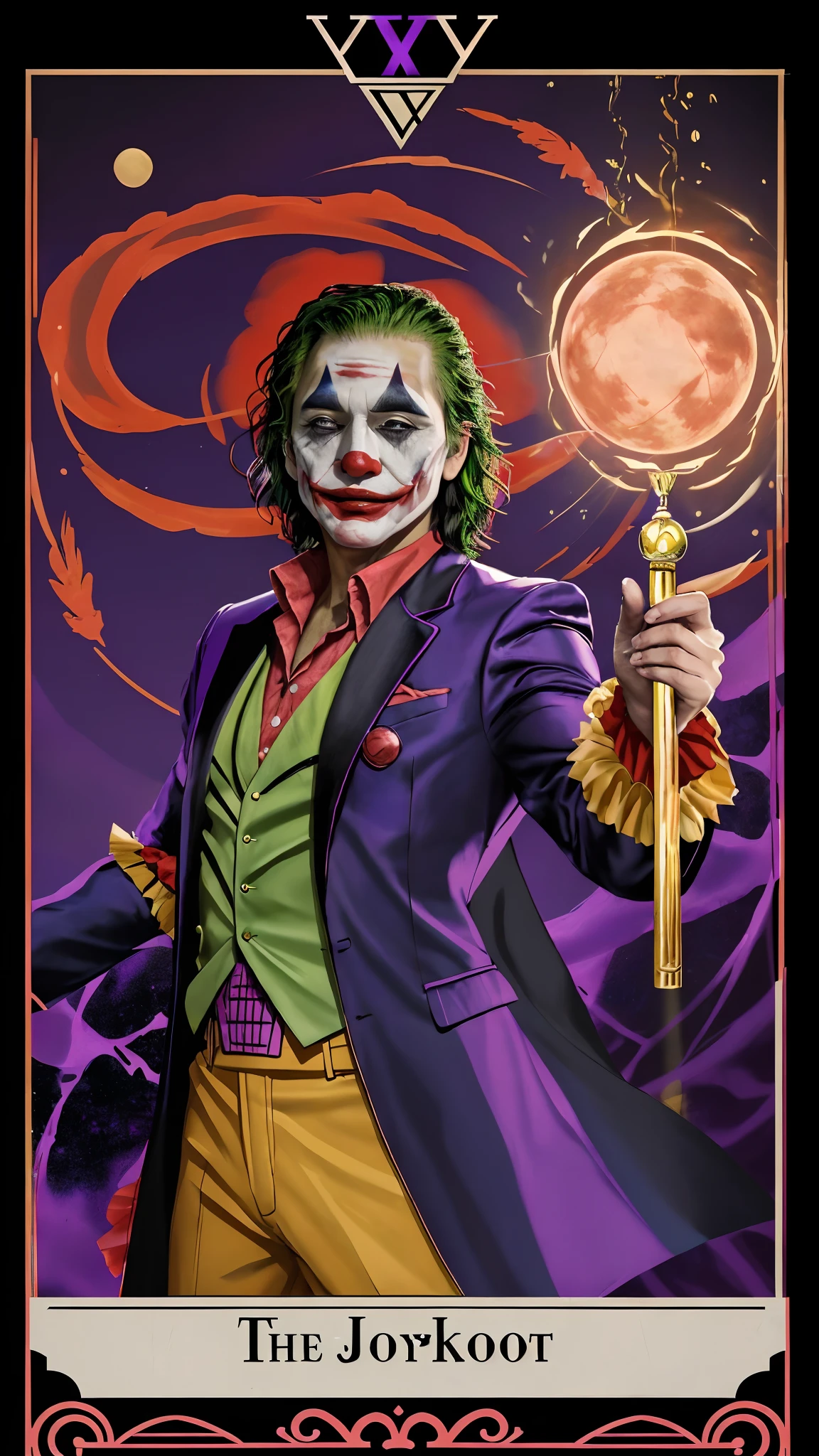 The Joker Tarot Card Heyoka - sacred clown, indigenous wisdom, trickster archetype, colorful attire, playful expression, spiritual guidance, unconventional energy, harmonious balance, energetic presence, horridtarot