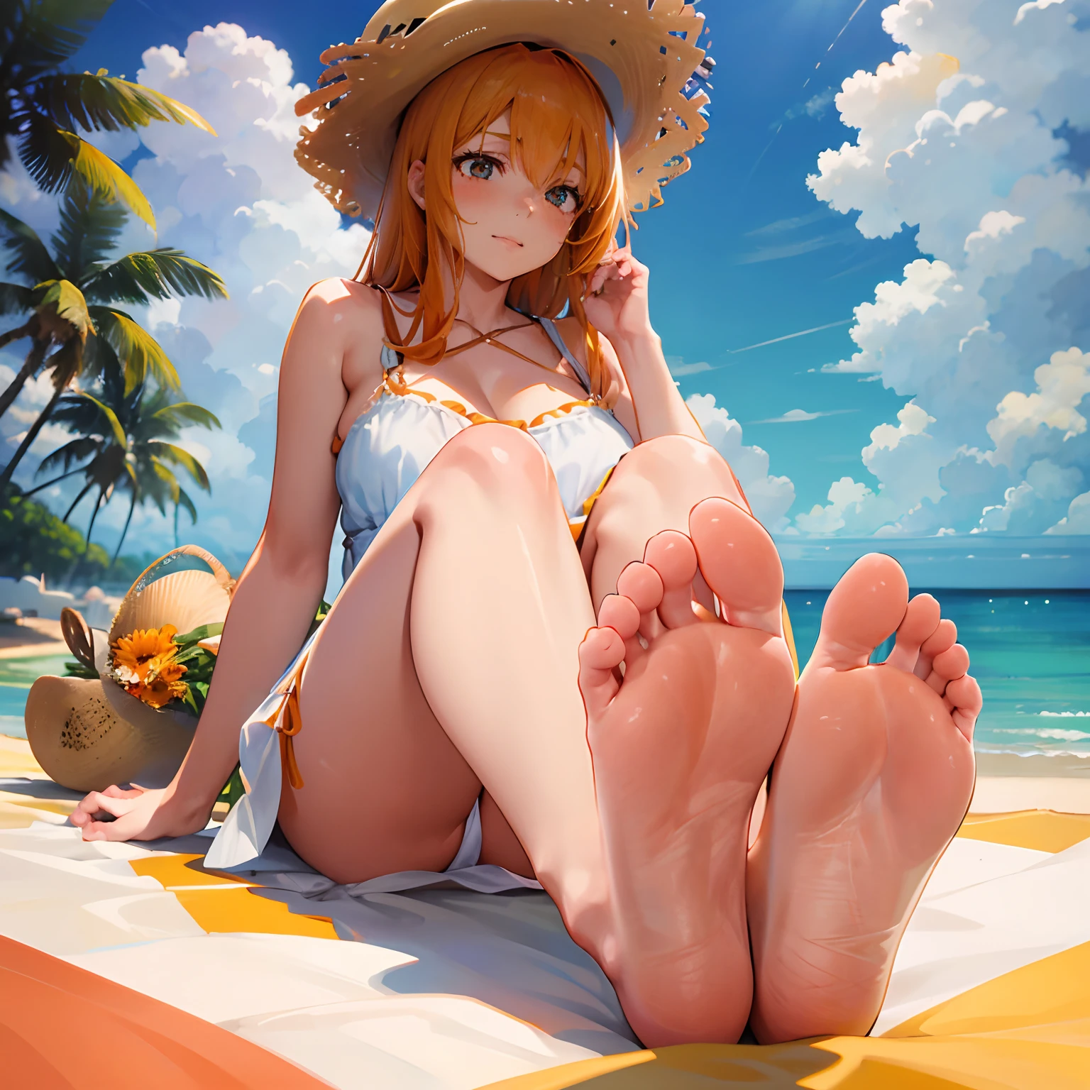 A woman sitting on a chair with her foot up, orange hair, white sundress, straw hat, barefoot, big feet, towering over you, pov, looking down at you, blush, citrus, beach background