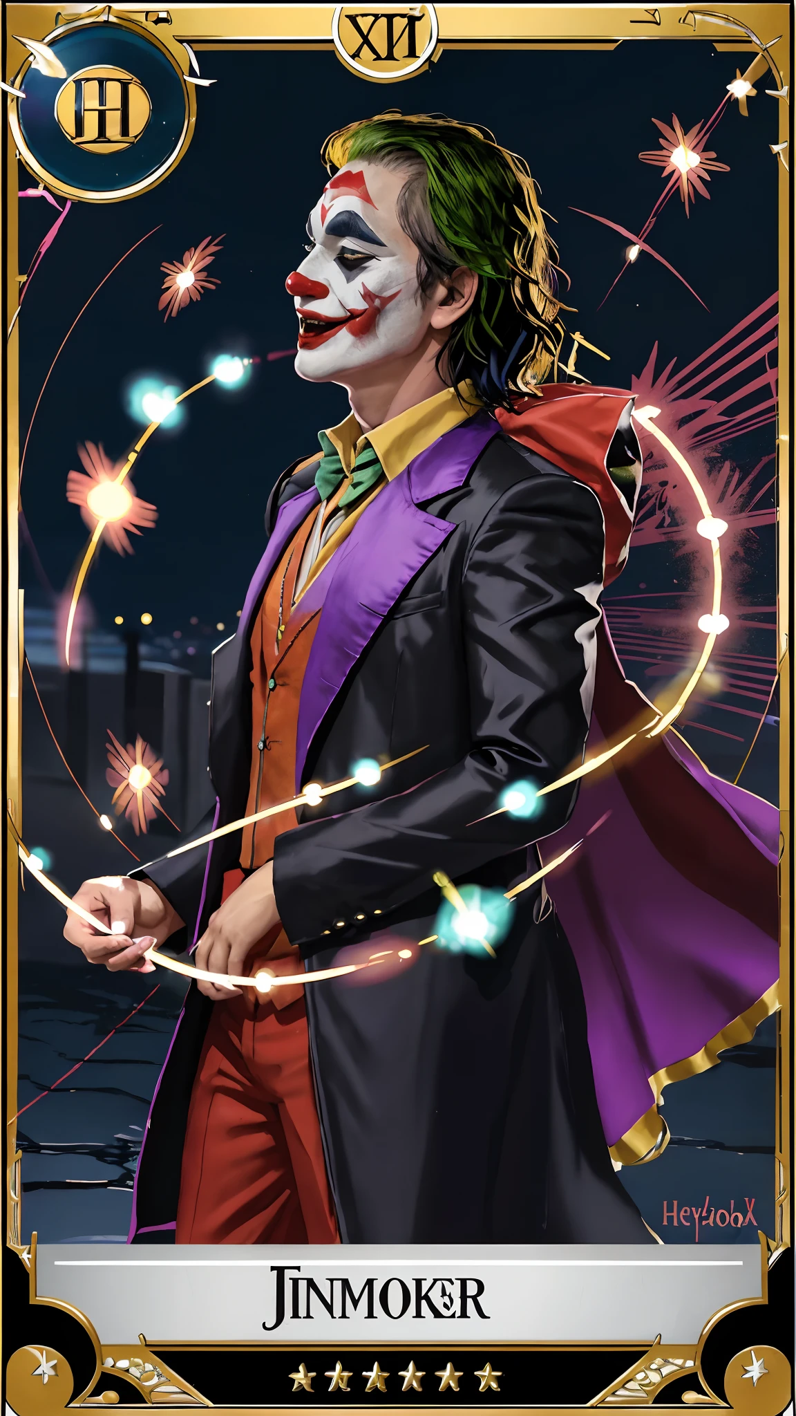 The Joker Tarot Card Heyoka - sacred clown, indigenous wisdom, trickster archetype, colorful attire, playful expression, spiritual guidance, unconventional energy, harmonious balance, energetic presence, horridtarot