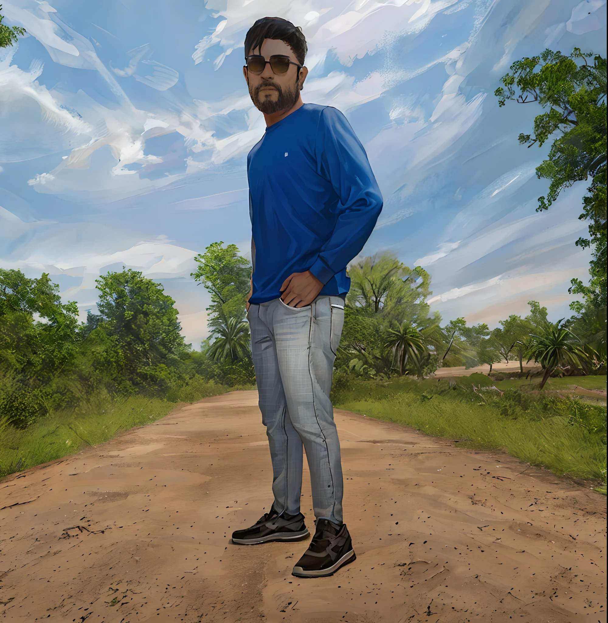 there is a man standing on a dirt road with a blue shirt, standing in road, in front of a forest background, full body picture, with a cool pose, distant full body view, full body photogenic shot, on a road, standing in street, distant full body shot, cool pose, casual pose, casual photography, jayison devadas style