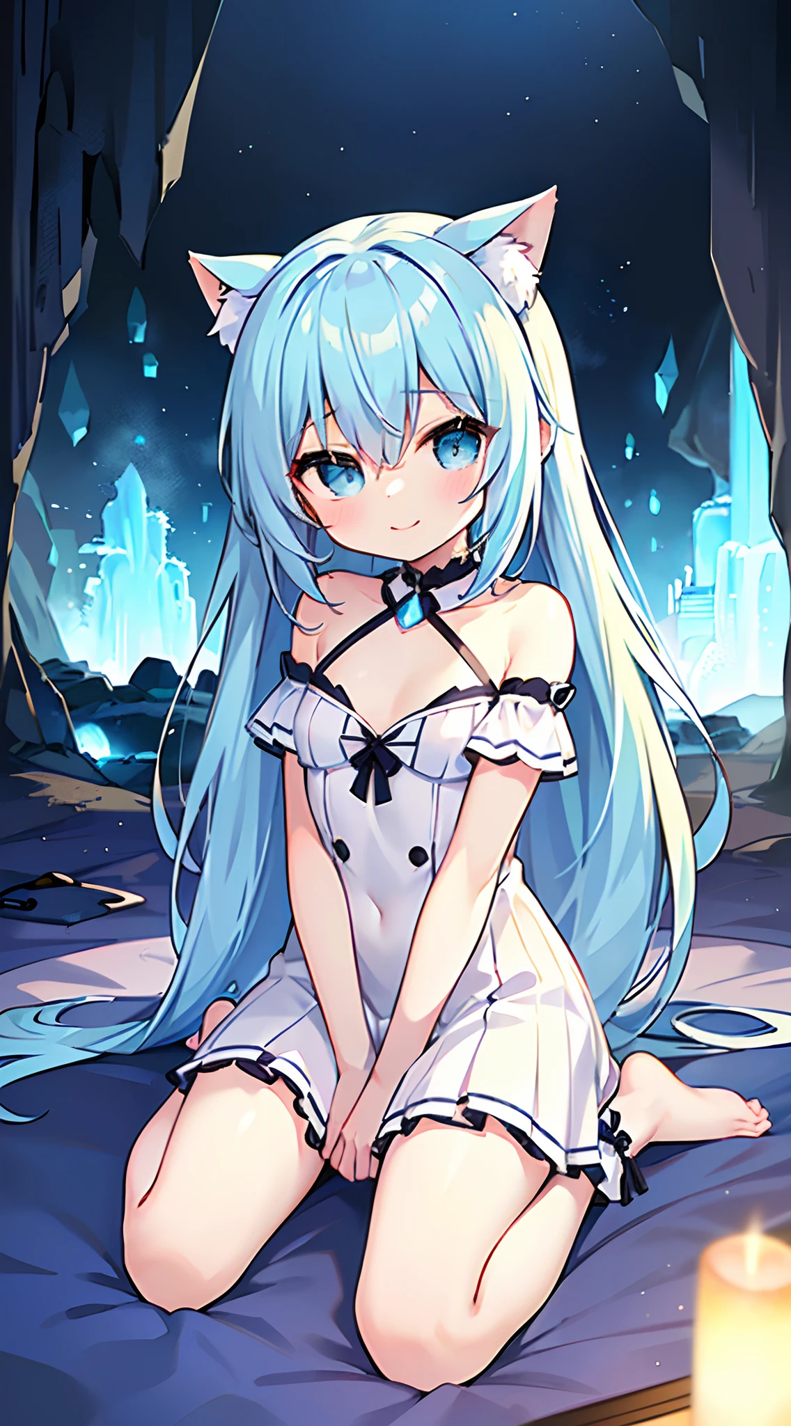 (top-quality), (masterpiece)、(ultla detailed)、Official art、(Deep Blue Eyes)、(A detailed eye)、Luminous Eyes、Highlights in the eyes、(Beautiful girl alone:1.3)、Lori、cute little、teens、(inside a cave:1.3)、Indoor、A smile、(White blouse:1.2)、Blue Tire Layer Skirt、(Blue balls on the thighs:1.2)、wariza、(12year old:1.3)、Small breasts、(Light blue hair:1.3)、(Wavy Hair:1.3)、(Twin-tailed:1.2)、(medium hair:1.2)、(Look at the knee:1.5)、Short sleeves、Strapless、bare-legged、(FULL BODYSHOT)、White glowing crystal on background、Choker with black gems