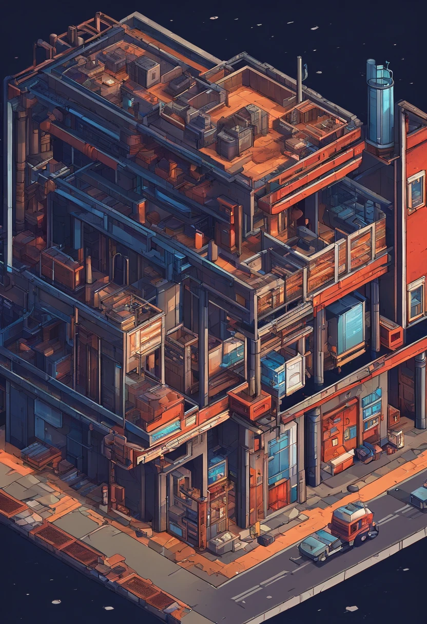 modern day,A little dark,Inside an aging factory,low illuminance,((Side))、Pixel art、dilapidated building