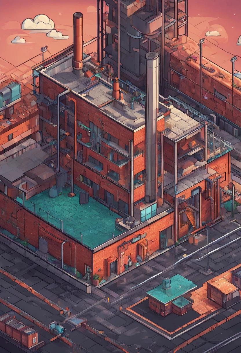 modern day,A little dark,Inside an aging factory,low illuminance,((Side))、Pixel art、dilapidated building
