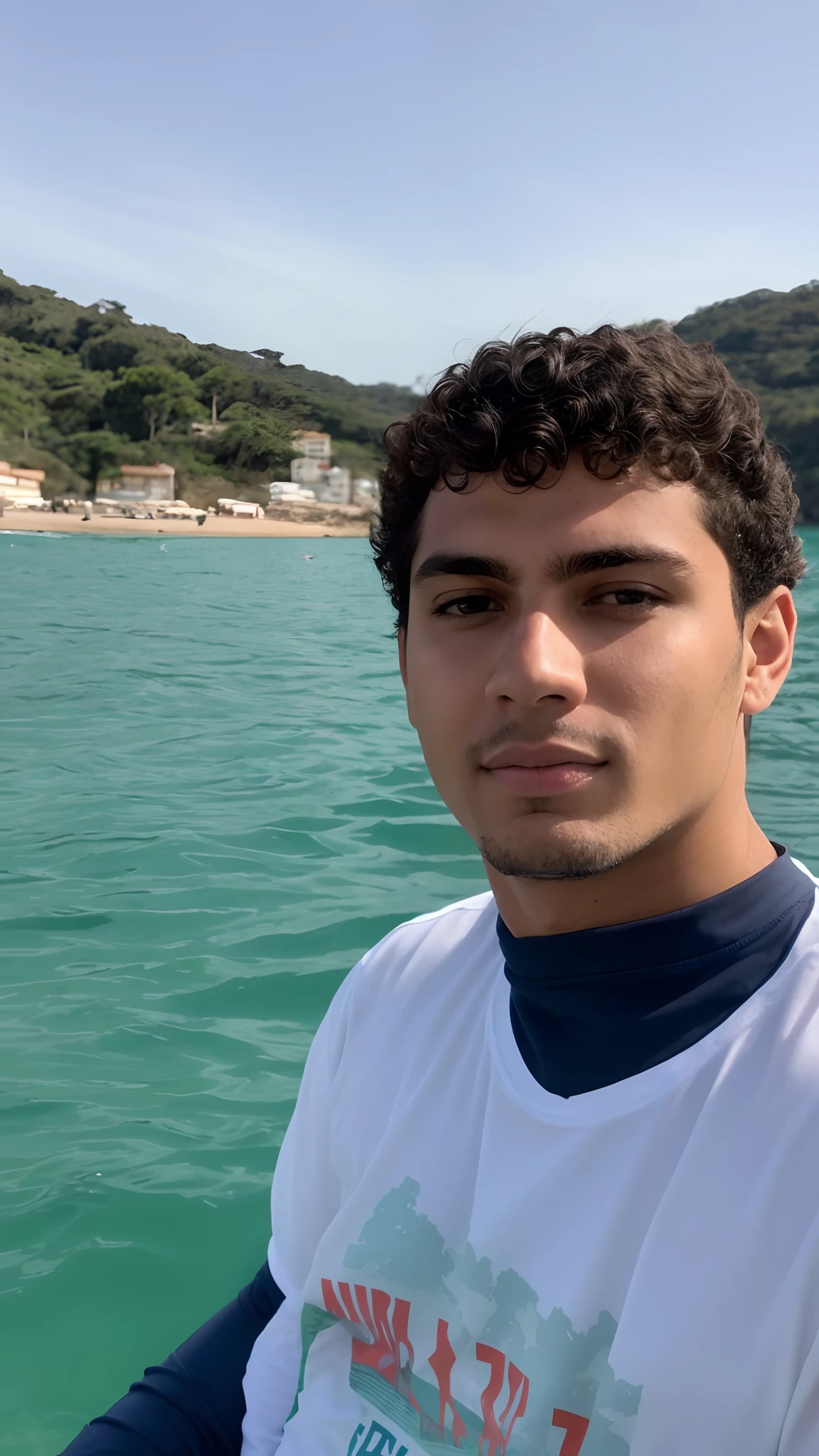 Man in white shirt sitting on a boat in the water, Jovem homem grego, Jovem espanhol, foto de perfil headshot, caio santos, daniel mirante, Aykut Aydogdu, no oceano, taken in the early 2020s, Riyahd Cassiem, foto de perfil, em torno de 1 9 anos, on the ocean water