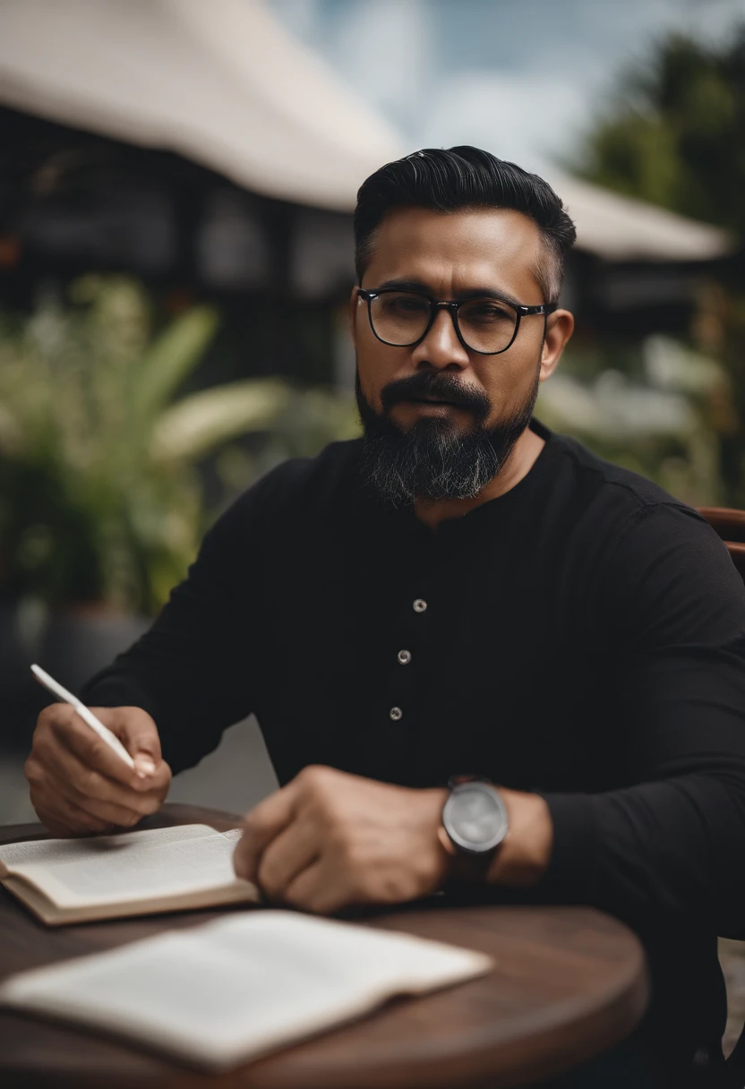 Portrait of a 40-year-old malay father with thick, styled hair, trimmed beard, hair combed back, glasses, black long sleeves t-shirt, reading a book while smoking a cigarette outside on a patio on a sunny day.