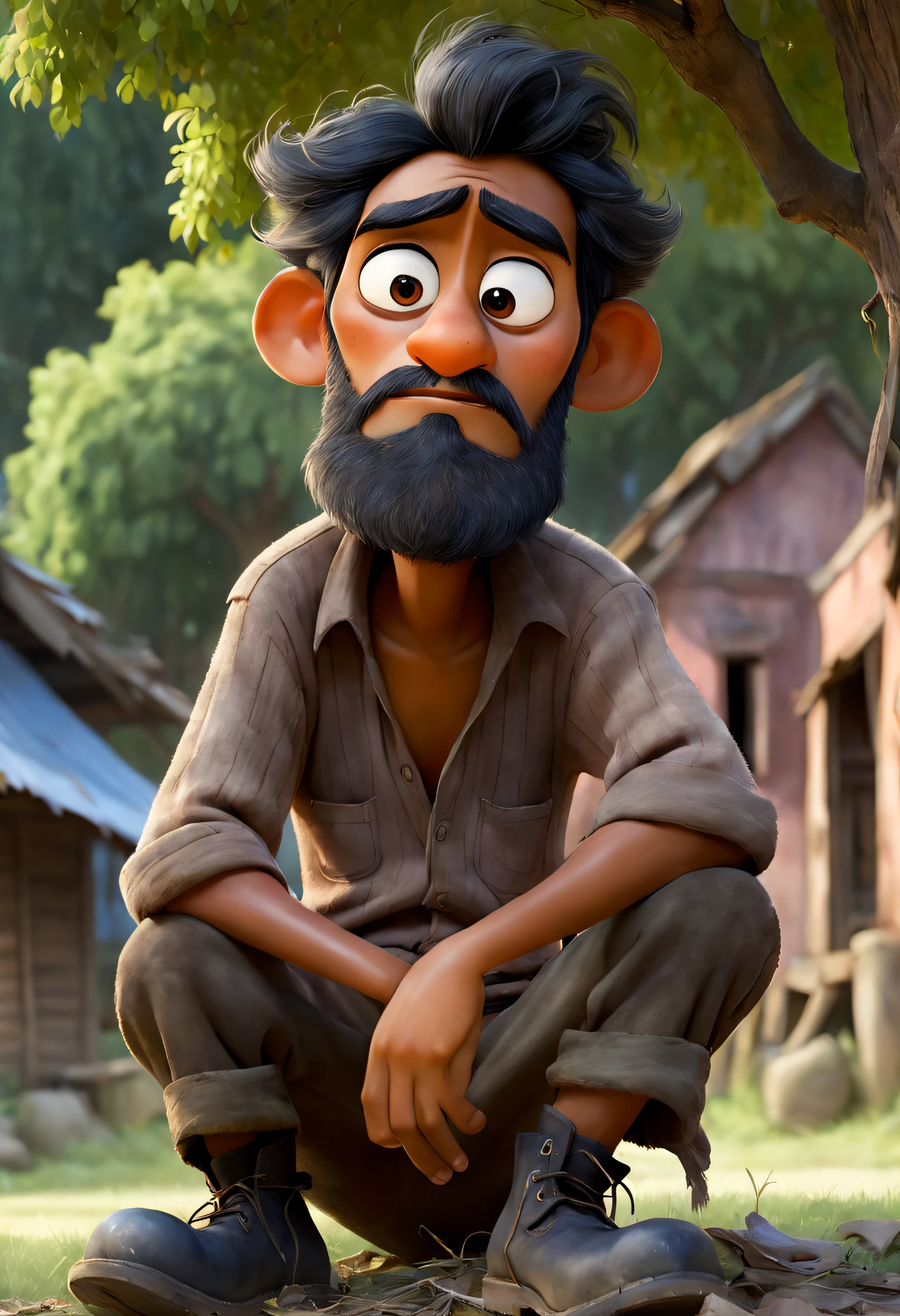 (Disney Pixar style:1.1), Full body shot, A painting of a lazy villager, Narayana Prabakala, Looking up, disheveled black hair, Messy Blackbeard, Against the background of the village, (sitting under a tree:1.15), Wearing a dark brown torn shirt and tattered gray pants, Dusty black work boots, at summer afternoon