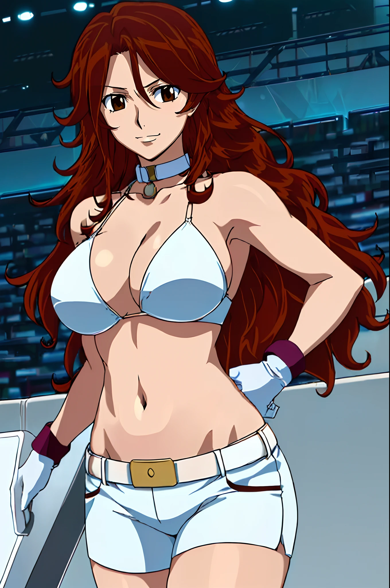 curvy midsection, solo, 1 girl, female wrestler, smile, stretching ), (detailed titration screen, upper body only, anime style: 1.8, anime drawing, ultra detailed face, ultra detailed body, 4k, Sumergai Lee Noriega, (standing), best quality, anime style, hires, highest definition, digital blending, bold drawing lines, ((wwe diva), ((location: wrestling arena, crowds watching)), ( pro female wrestler, long attractive belly, slim body, (strong biceps), broad shoulders , off-shoulders, closed fists, (very curvy: 2.8)), ((elegant bikini , shorts, white gloves, collar, arm band, (champion belt))), (pale skin, very big breasts, closed mouth, teeth), (big eyes, brown eyes, shiny eyes), (), (reddish hair, loose hair, curly hair, wavy hair, long hair, missy hair), 27 years old