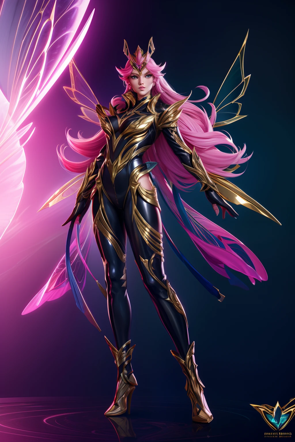 solo, super fine photo, full body digital art Unreal Engine 5 8K UHD of a girl, concept art, character concept design, wearing black and gold tight shiny bodysuit with metallic details, dragonfly wings, metallic glove, pink long hair, fairy girl, pixie, best quality, masterpiece, super detailed, sharp focus, female pose