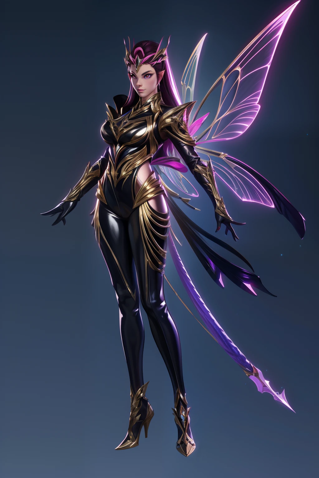 solo, super fine photo, full body digital art Unreal Engine 5 8K UHD of a girl, concept art, character concept design, wearing black and gold tight shiny bodysuit with metallic details, dragonfly wings, metallic glove, pink long hair, fairy girl, pixie, best quality, masterpiece, super detailed, sharp focus, female pose