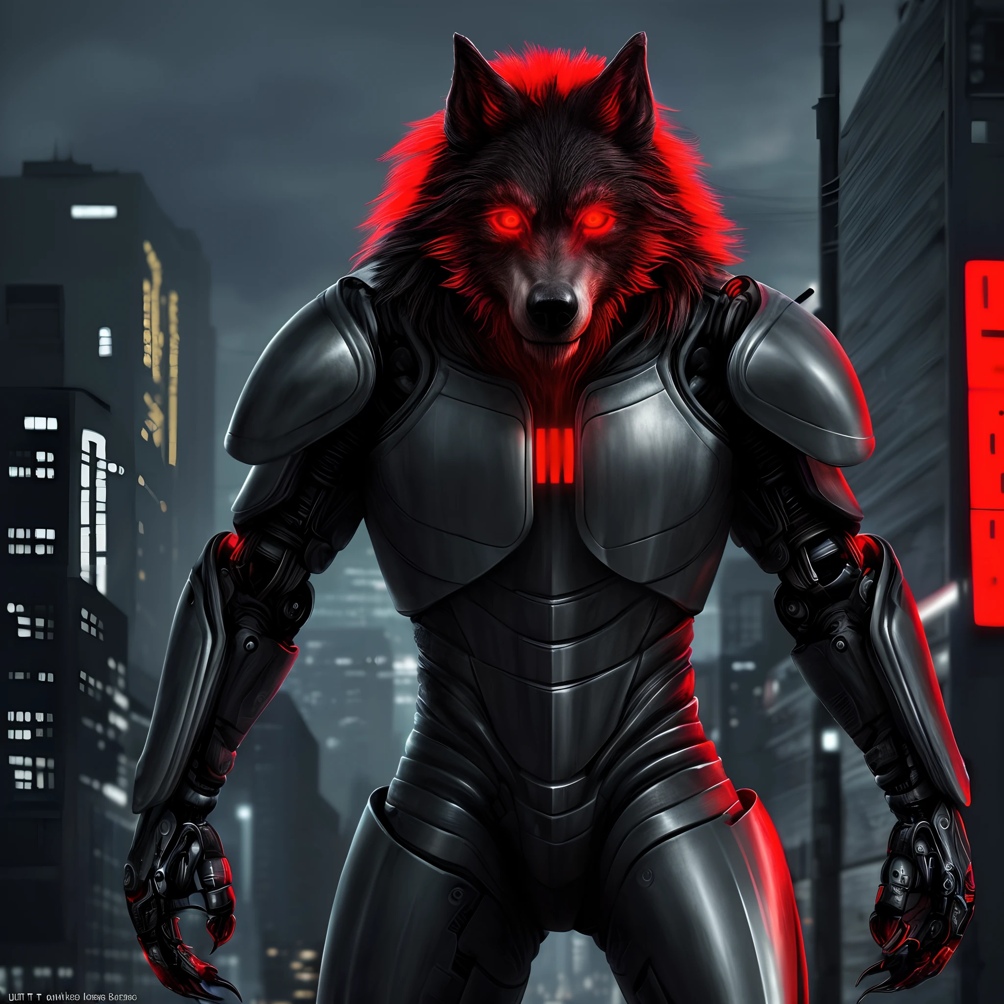 (best quality,ultra-detailed,realistic:1.37),a cyborg werewolf wearing armor,urban landscape with vibrant colors,red glowing eyes,facing the viewer,sensual and beautiful eyes,standing alone