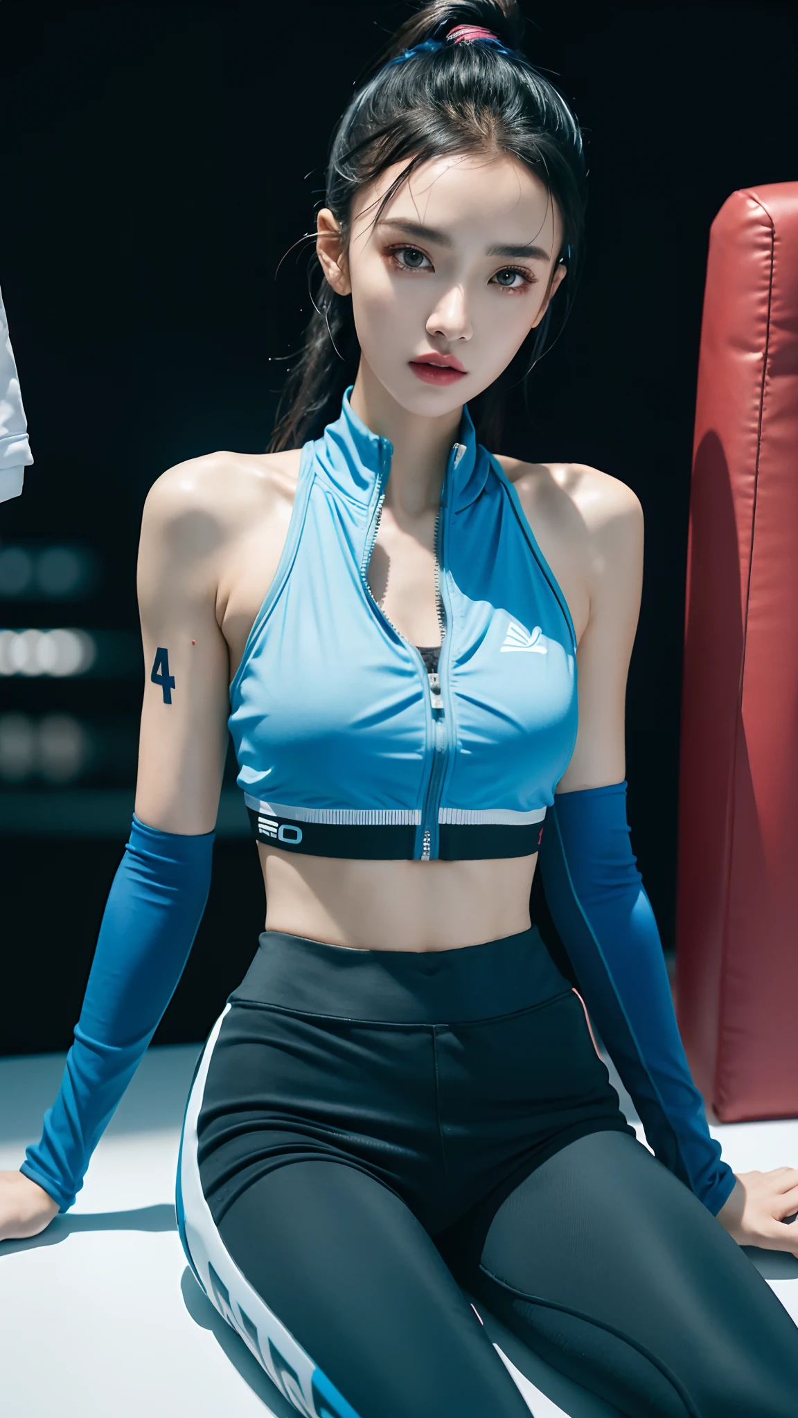 sports bra blue, sports jacket, sport pants , ( cyberpunk environment:1.2),makeup,, (1 girl:1.4),best quality, masterpiece, (realistic:1.2), young woman, a lady, detailed face, detailed eyes, detailed hair, detailed skin,look at viewer, dramatic, vibrant, sharp focus,50mm,F1.2, EOS R8,(3/4 body:1.2),sitting,(complex background:1.6),(Best quality details:1.2),8K High definition,