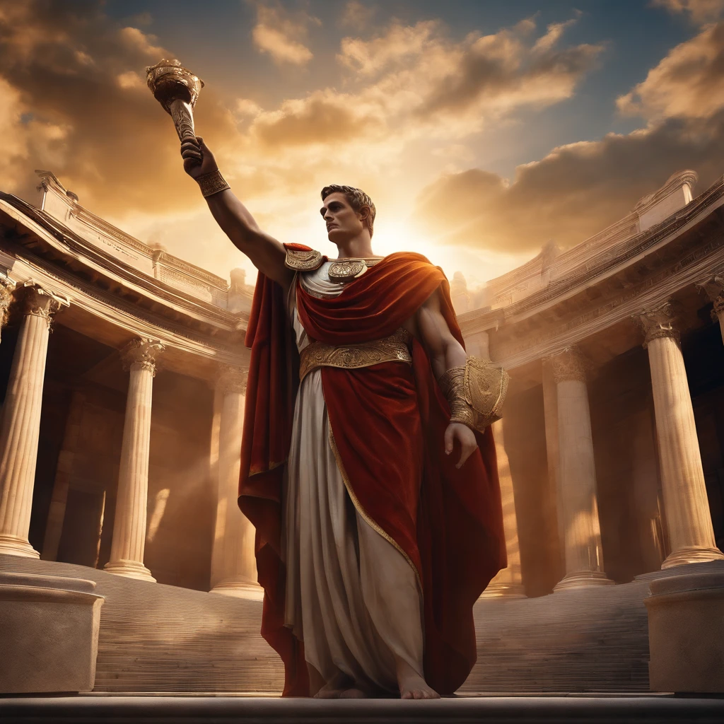Roman Emperor Julius Caesar, saluting, statue of Roman God Mars, ancient Roman setting, marble texture, detailed facial expression, flowing robes, historical accuracy, breathtaking background scenery, majestic architecture, sunlight casting dramatic shadows, high resolution, photorealistic, vibrant colors, golden hues, impeccable realism, strong sense of power, divine aura, divine lighting, meticulously crafted details, grandeur, regal atmosphere, epic composition, awe-inspiring, divine inspiration