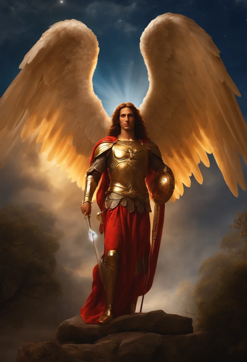 personagem masculino, Arcanjo Miguel, Astronomical images, detalhes intrincados, realista, vermelha e asas grandes, Angelic background, Catholic illustration image of Archangel Michael, Male characters in the Bible, Miguel usa armadura de anjo, cosmic background, Archangel and backlighting, Imagem de corpo inteiro de um anjo, Maximum detail and his angelic face and wings, Pele perfeita realistaa, A mais alta qualidade de imagem, Miguel He is highlighted in the image in strong and striking colors.