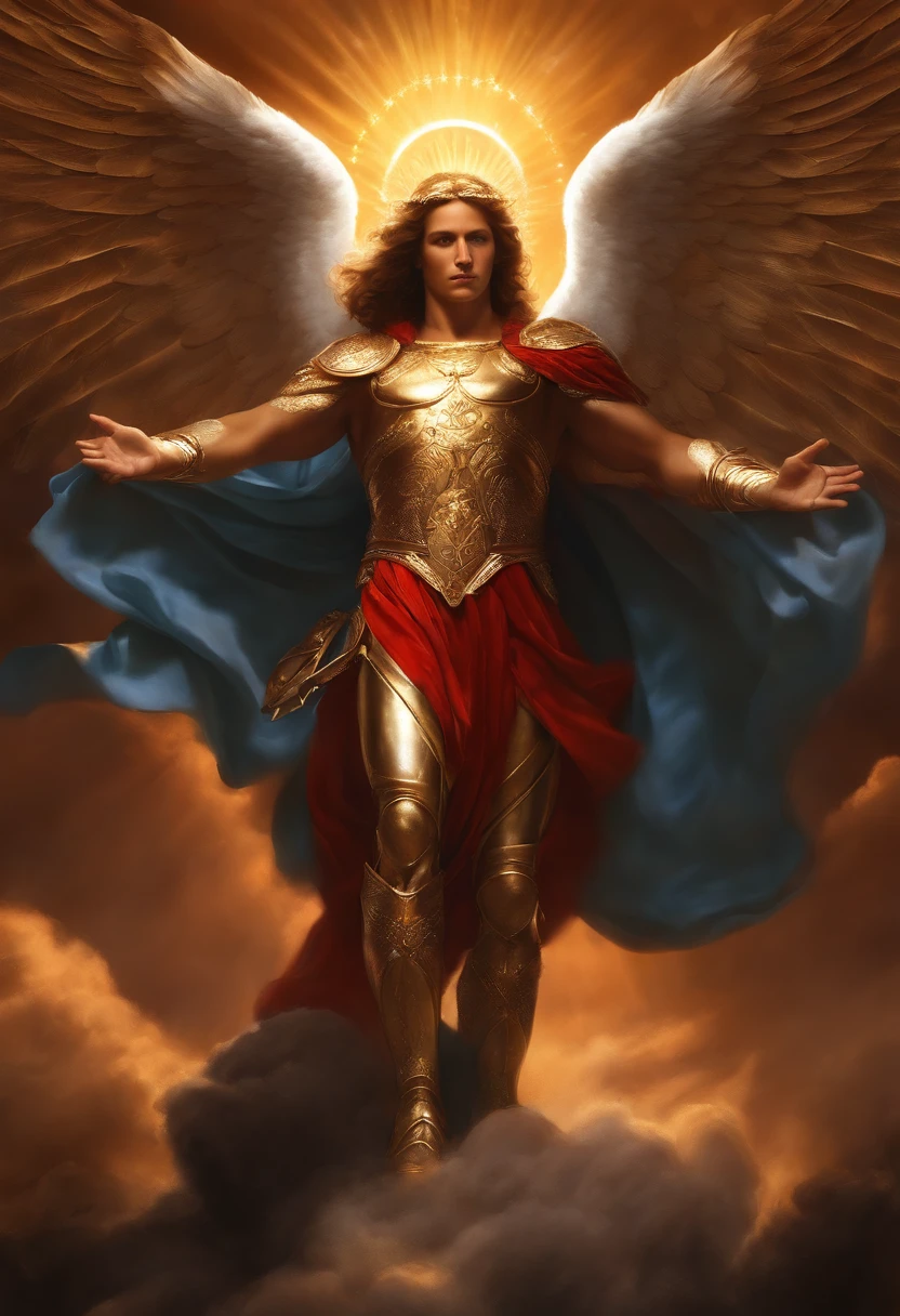 personagem masculino, Arcanjo Miguel, Astronomical images, detalhes intrincados, realista, vermelha e asas grandes, Angelic background, Catholic illustration image of Archangel Michael, Male characters in the Bible, Miguel usa armadura de anjo, cosmic background, Archangel and backlighting, Imagem de corpo inteiro de um anjo, Maximum detail and his angelic face and wings, Pele perfeita realistaa, A mais alta qualidade de imagem, Miguel He is highlighted in the image in strong and striking colors.