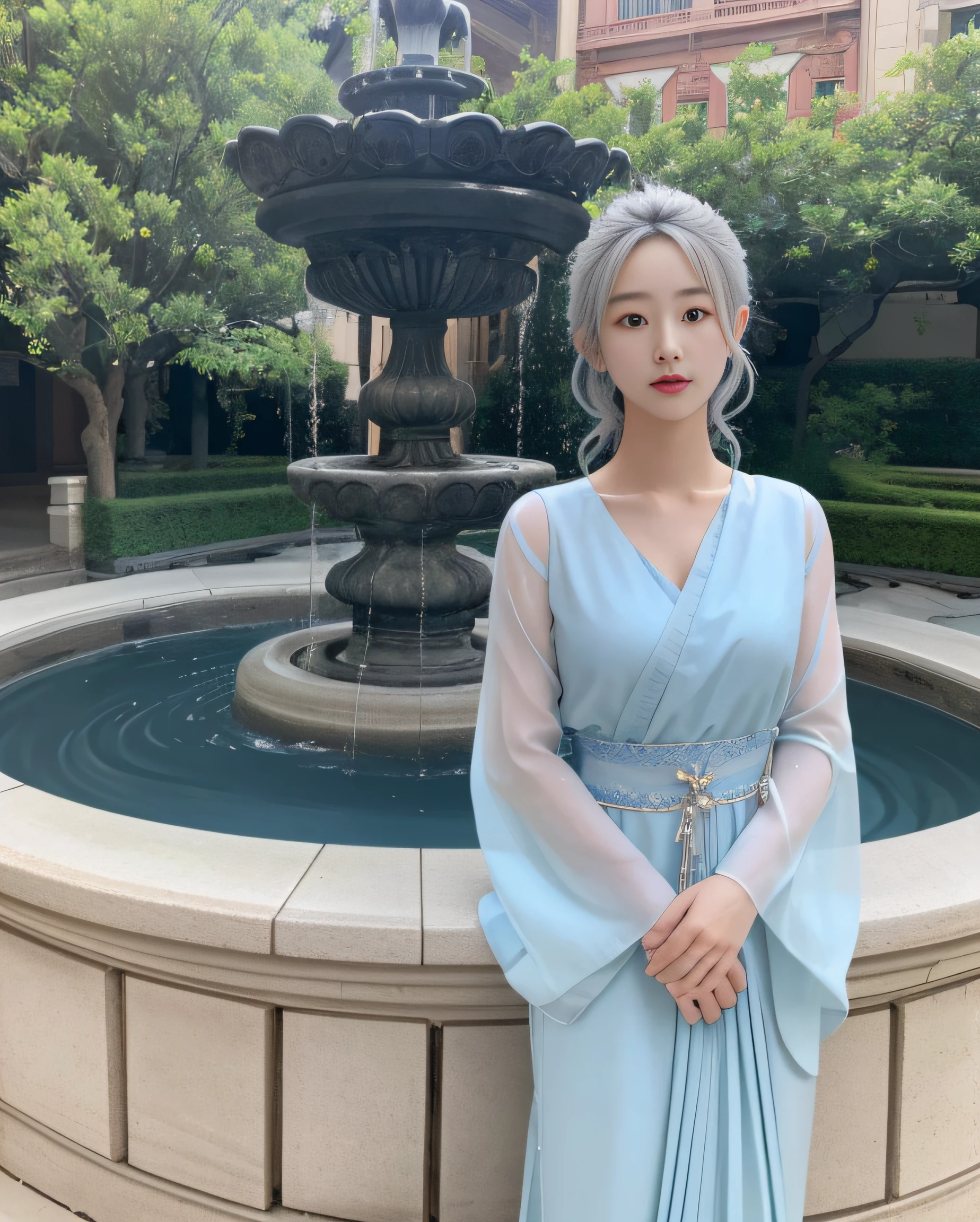 Yukino, Silver hair and blue eyes, Light shirt and braless with delicate design, Cute little girl s, Clan of God,cart,A solemn atmosphere,Her expression is solemn, , she has a cute expressive face, large brests, Red cheeks, Lustful face, Fair skin,Deities々a person々The courtyard of the palace where the inhabited, Beautiful fountain, Majestic statues, Beautiful flowers,