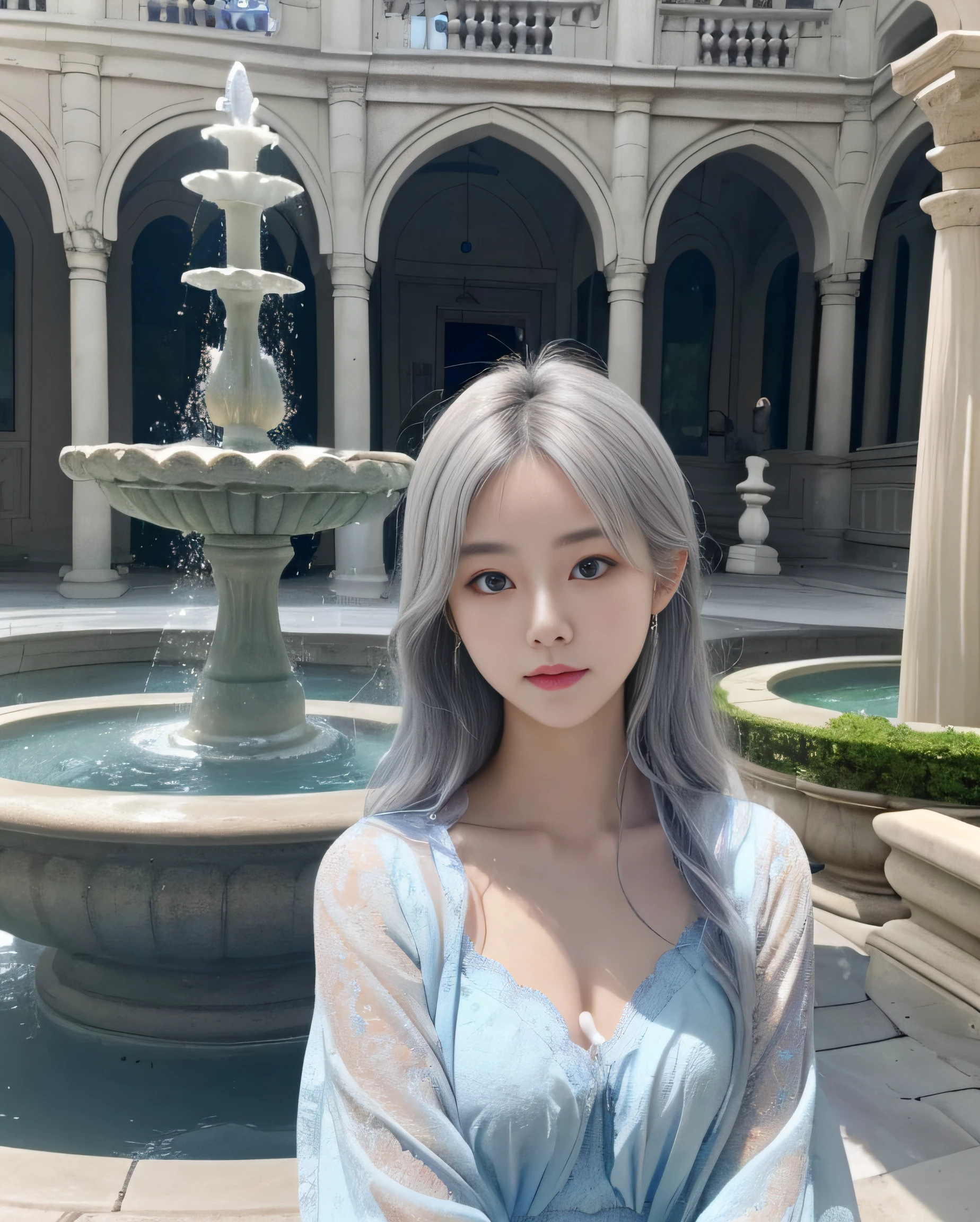 Yukino, Silver hair and blue eyes, Light shirt and braless with delicate design,  s, Clan of God,cart,A solemn atmosphere,Her expression is solemn, , she has a cute expressive face, large brests, Red cheeks, Lustful face, Fair skin,Deities々a person々The courtyard of the palace where the inhabited, Beautiful fountain, Majestic statues, Beautiful flowers,