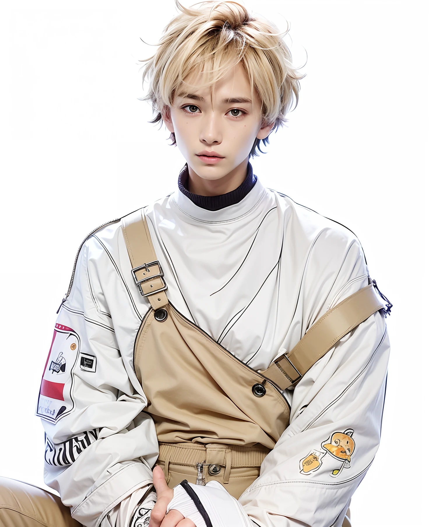 A boy with blonde hair wearing a white shirt and brown pants