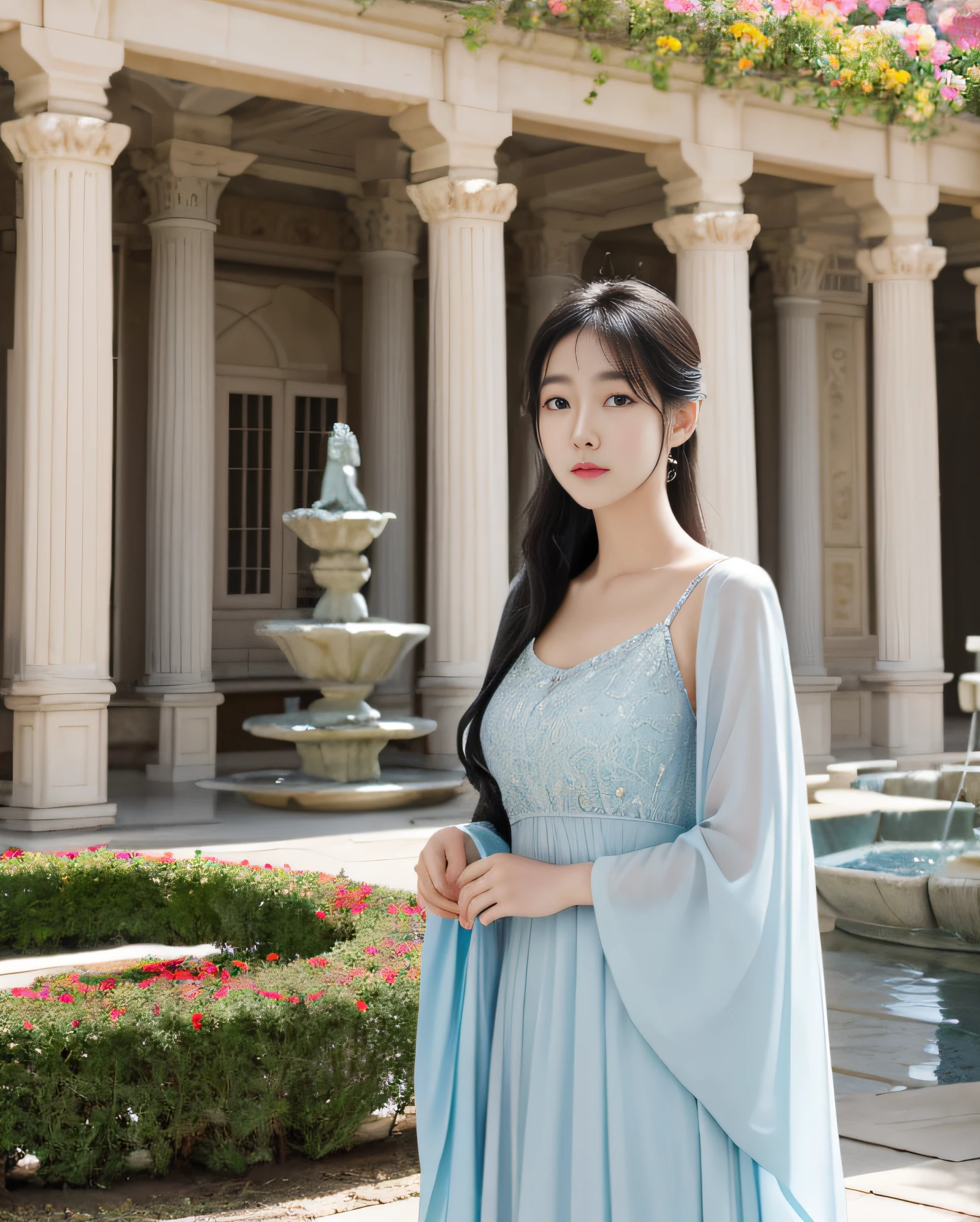 Yukino, Silver hair and blue eyes, Light shirt and braless with delicate design, Cute little girl s, Clan of God,cart,A solemn atmosphere,Her expression is solemn, , she has a cute expressive face, large brests, Red cheeks, Lustful face, Fair skin,Deities々a person々The courtyard of the palace where the inhabited, Beautiful fountain, Majestic statues, Beautiful flowers,