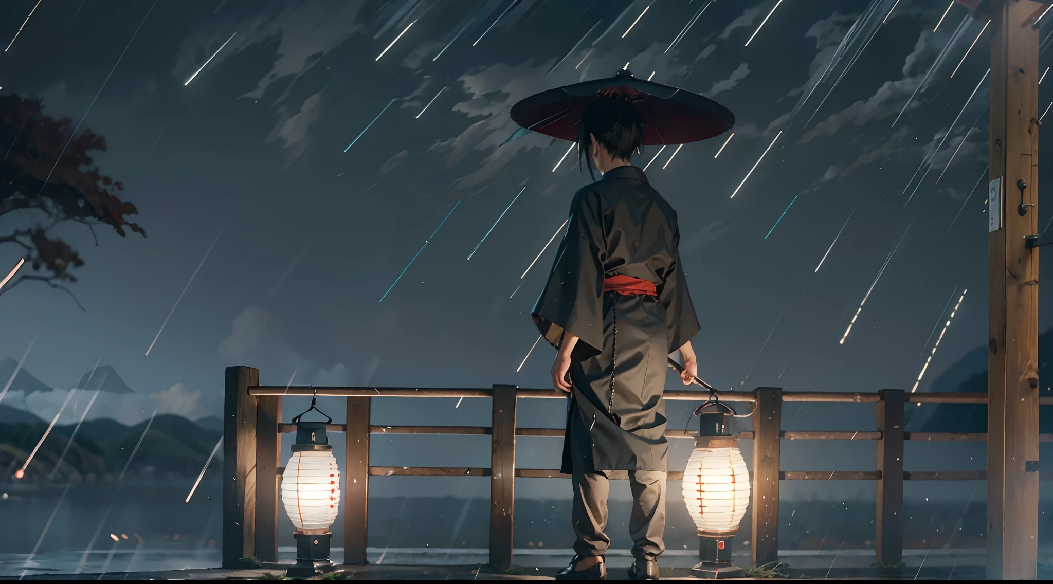 (masterpiece:1.2), best quality,realistic,Tyndall effect, 1boy Itachi uchiha, lantern, rain, solo, japanese clothes, standing, outdoors, night, rain, paper lantern, black kimono, traditional Japanese hat, scenery, water reflections, from behind, wide sleeves, artist name, holding, long sleeves