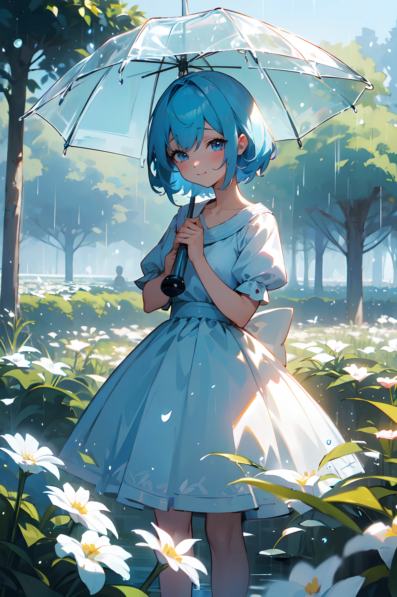 (Best Quality, 8K, masutepiece:1.2, NSFW ),Cutest,Cute Girl,mesugaki,Beautiful face,Beautiful eyes,Beautiful hair, Light blue hair,,soft sunlight,rain falling,Drooping water droplets,Nice clothes,Innocent smile,amazing background,Atmosphere of bliss,morning,dreamy ambiance,Quiet atmosphere,sparkling dew,Happy look,enchanting charm,magical garden,PastelColors,gentle wind,Dainty features,Adorable beauty,Fascinating landscapes.short-cut