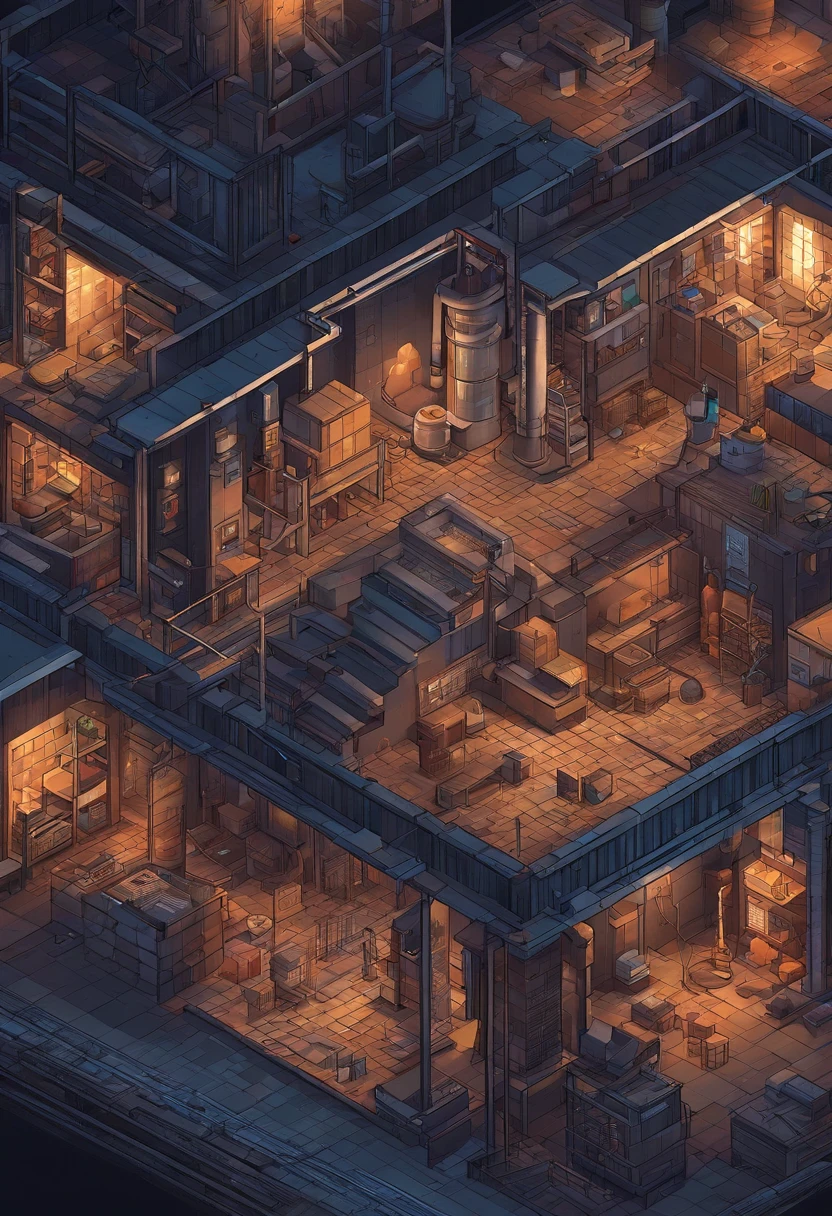 modern day,A little dark,Inside an aging factory,low illuminance,Pixel art、dilapidated building