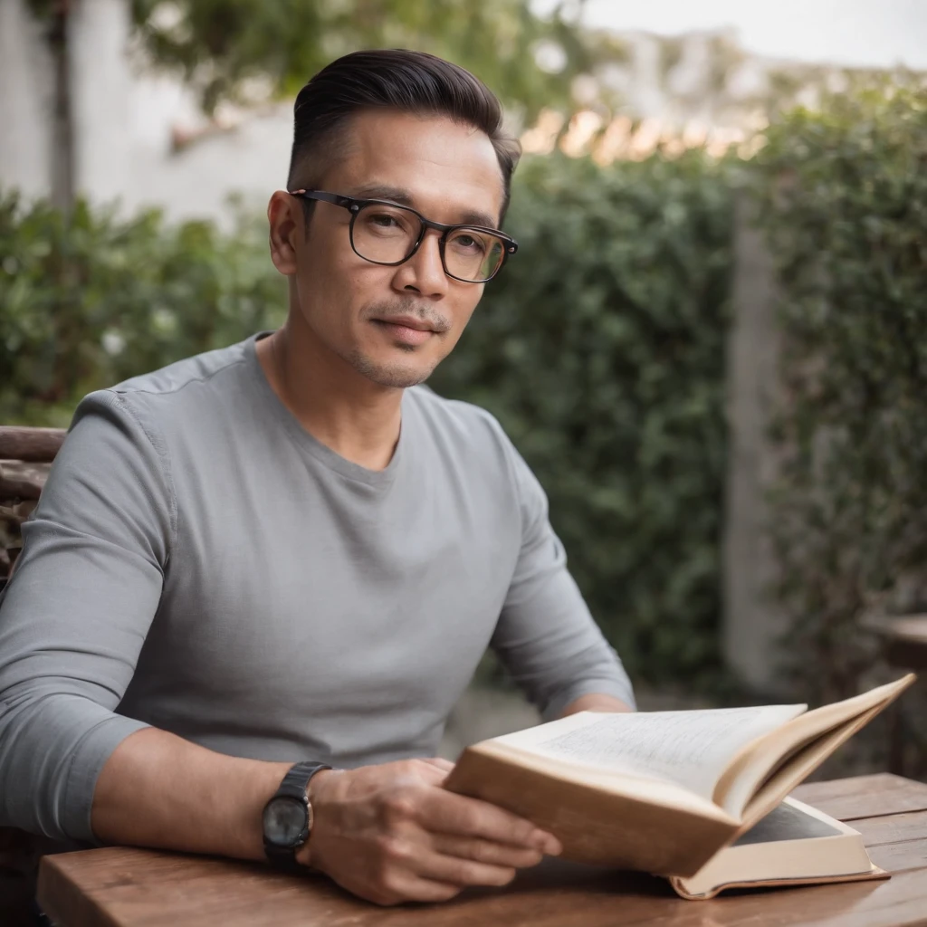 Portrait of a malay father, 40 years old, full fascial hair, trimmed, a little bit of graying hair, hair slick back, glasses, wearing long sleeves black t-shirt, smoking a cigarette while reading a book, sitting on a chair on a patio, outside, sunny day, coffee on table.