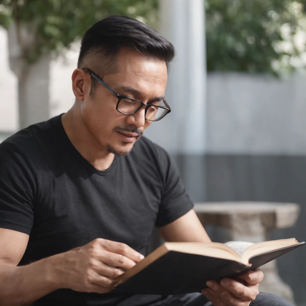 Portrait of a malay father, 40 years old, full fascial hair, trimmed, a little bit of graying hair, hair slick back, glasses, wearing long sleeves black t-shirt, smoking a cigarette while reading a book, sitting on a chair on a patio, outside, sunny day, coffee on table.