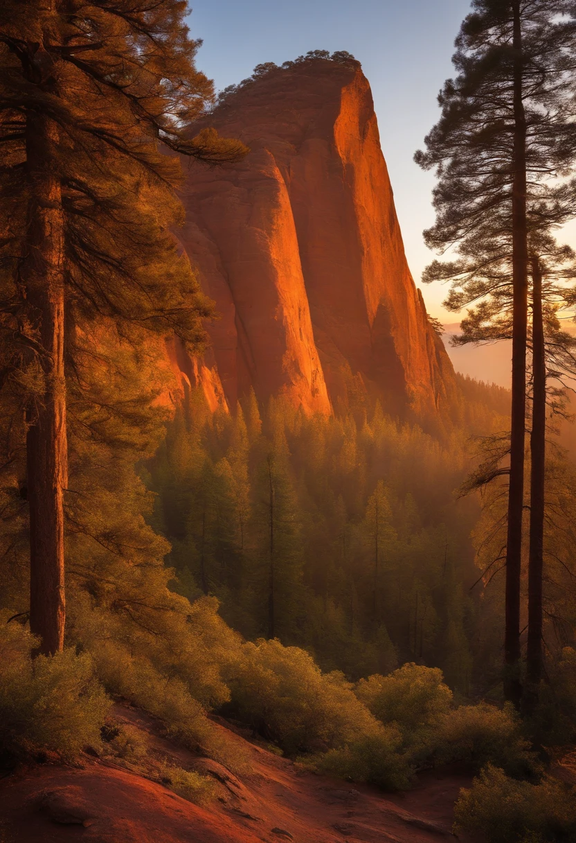 Golden Tarzan, Red Sunrise, Brown Rock, Pine Trees