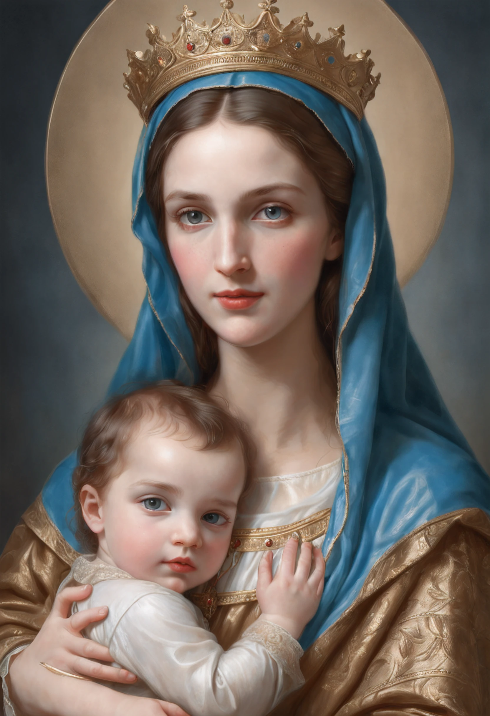 Drawing of a woman holding a in her arms, Virgin Mary, Toddler with Jesus, Mother, Queen of Heaven, Beautiful Art, painting of beautiful, Beautiful depiction, Portrait of the Virgin Mary, Catholic Religious Art, rosen maiden, Sacred and beautiful, with a blue background, Boregov, guweiz masterpiece, religious art, Christian art, religious painting