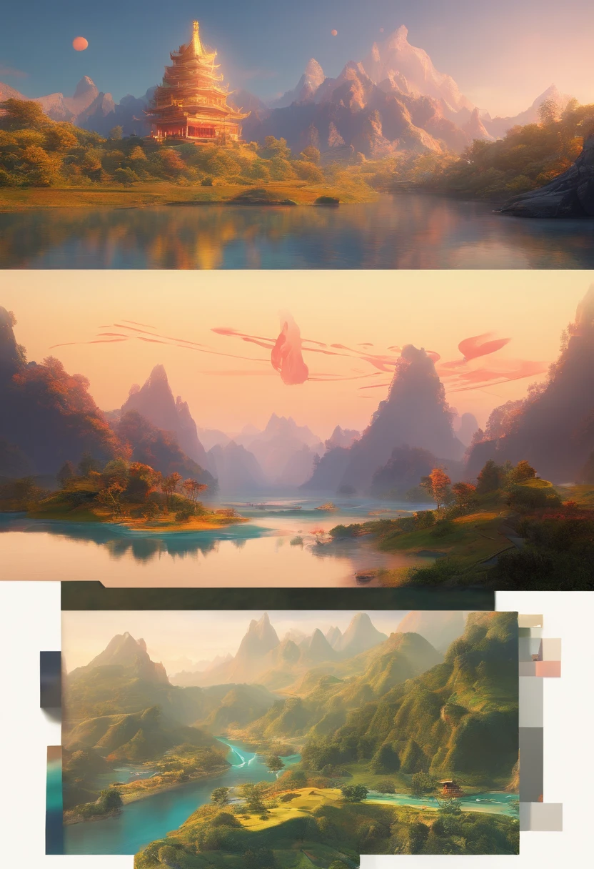 painting of a mountain landscape with a river and a boat, beautiful render of tang dynasty, floating mountains, 4k hd matte digital painting, beeple and jean giraud, ross tran. scenic background, luminescent matte painting, avatar landscape, fractal landscape, inspired by Ma Yuan, paul lehr and beeple, painting of a dreamscape