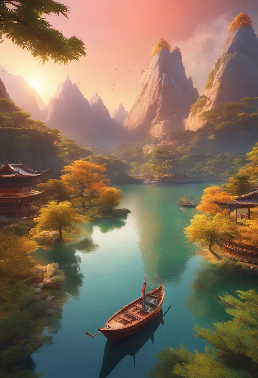 painting of a mountain landscape with a river and a boat, beautiful render of tang dynasty, floating mountains, 4k hd matte digital painting, beeple and jean giraud, ross tran. scenic background, luminescent matte painting, avatar landscape, fractal landscape, inspired by Ma Yuan, paul lehr and beeple, painting of a dreamscape