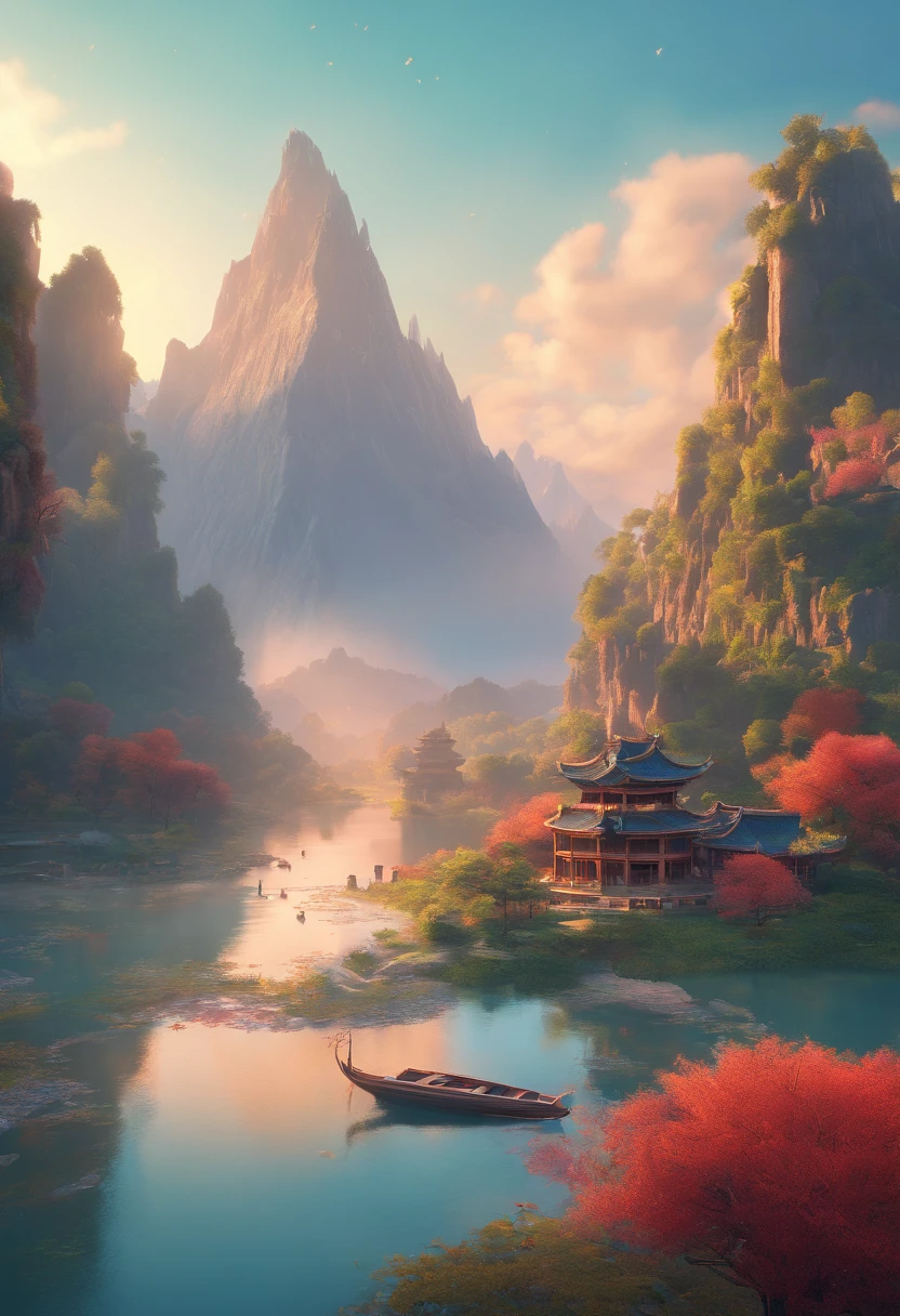 painting of a mountain landscape with a river and a boat, beautiful render of tang dynasty, floating mountains, 4k hd matte digital painting, beeple and jean giraud, ross tran. scenic background, luminescent matte painting, avatar landscape, fractal landscape, inspired by Ma Yuan, paul lehr and beeple, painting of a dreamscape