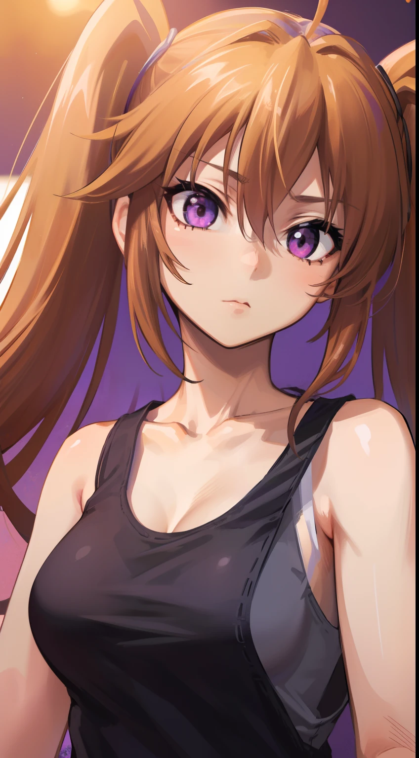 (best quality, master-piece:1.2), long brown hair, purple eyes, (ultra-detailed eyes), twintails, beautiful, Shidou Irina, medium breasts, standing, upper body, (((tank top))), ((close-up)), perfect anatomy, (sleeveless), (healthy skin), cinematic lighting, detailed face, expressive face.