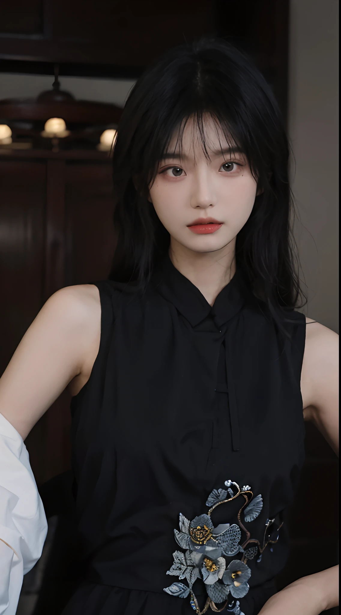 best qualtiy,tmasterpiece,超高分辨率,(realisticlying:1.4),a close up of a woman with long black hair wearing a black dress, Cai Xukun, gorgeous chinese models, Gorgeous young Korean woman, beautiful Korean women, yanjun cheng, xintong chen, ruan jia beautiful!, Beautiful young Korean woman,