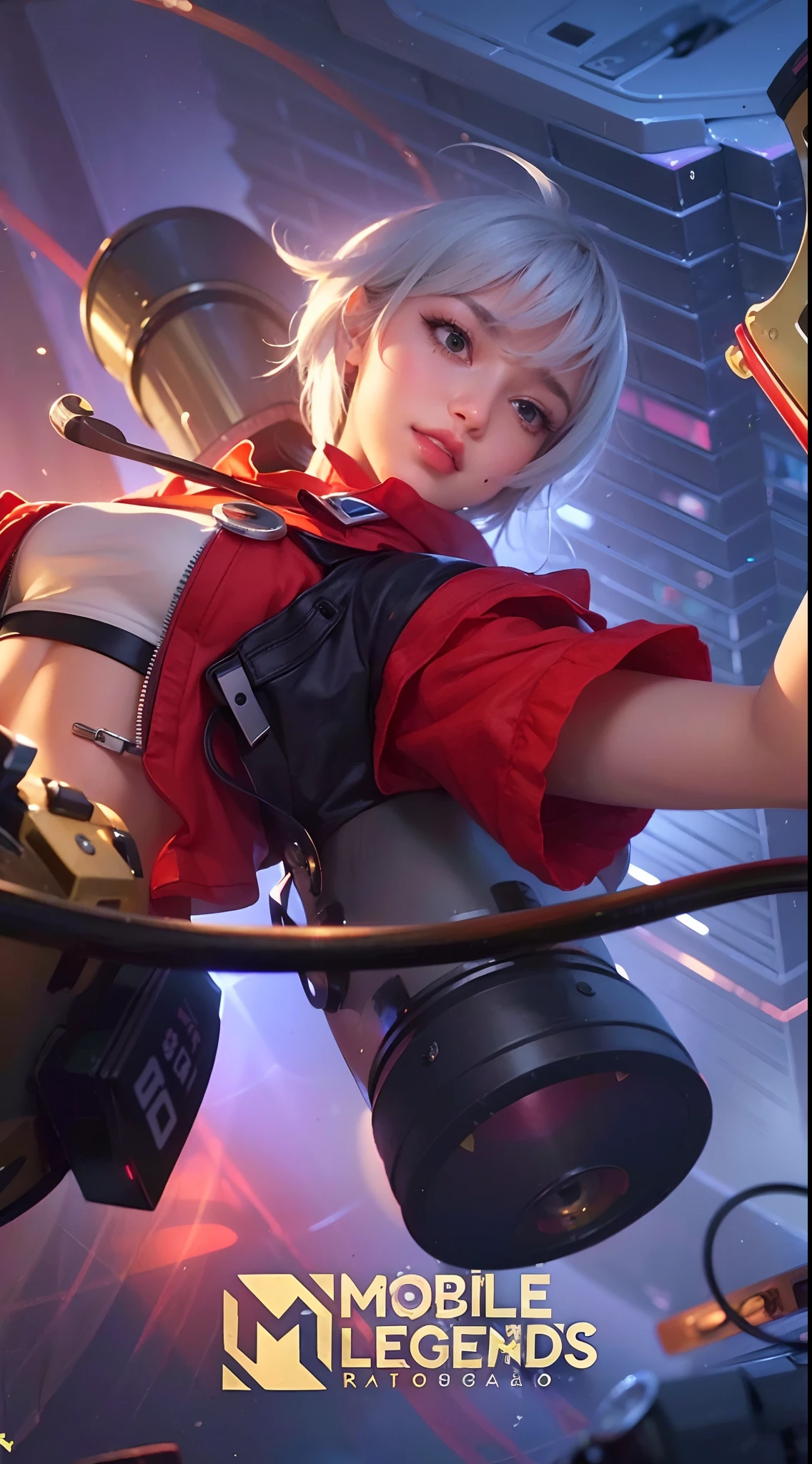 (((best quality))),(((ultra detailed))),(((masterpiece))),illustration,((1 beautiful girl,solo)),((slim,thin,small breasts,flat chest)),shoulder length straight hair,almond-shaped eyes, intense gaze, fair skin, subtle blush, full pink lips, confident smile,white collared shirt,Windsor knot on neck,short sleeves,red plaid pleated skirt,slender legs, deep blue hue, silver accents, form-fitting, low neckline, smooth skin,booties, urban scene, cyberpunk city, neon lights, tall buildings, LED signs, misty glow, dreamy ambiance, night sky, twinkling stars, electric atmosphere,(riding on a motorcycle:1.3), (safety helmet:1.3), vibrant atmosphere