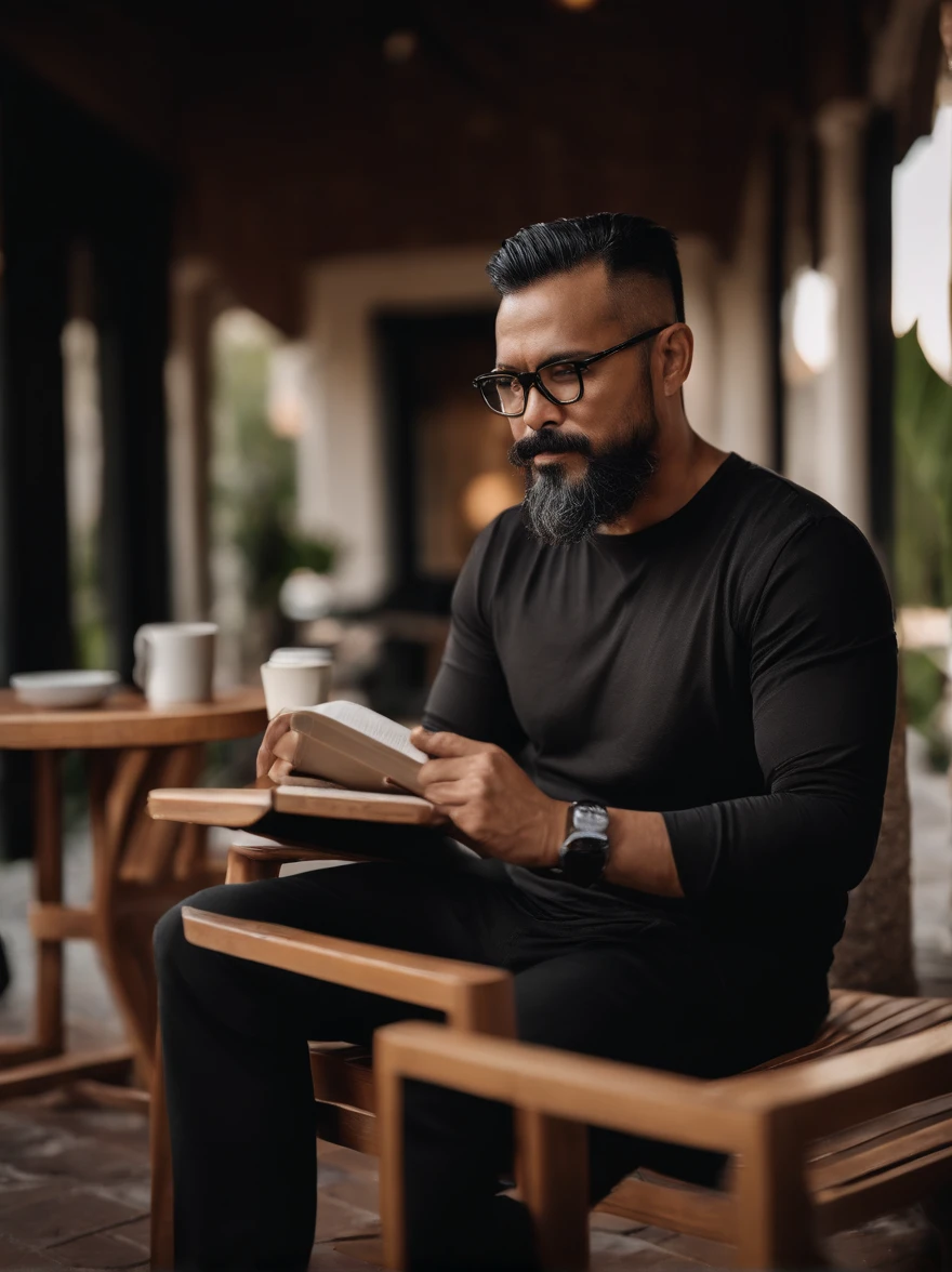 Portrait of a malay father, 40 years old, full facial hair and beard, trimmed, a little bit of graying hair, hair slick back, glasses, wearing long sleeves black t-shirt, smoking a cigarette and drinking coffee while reading a book, sitting on a chair on a patio, outside, sunny day