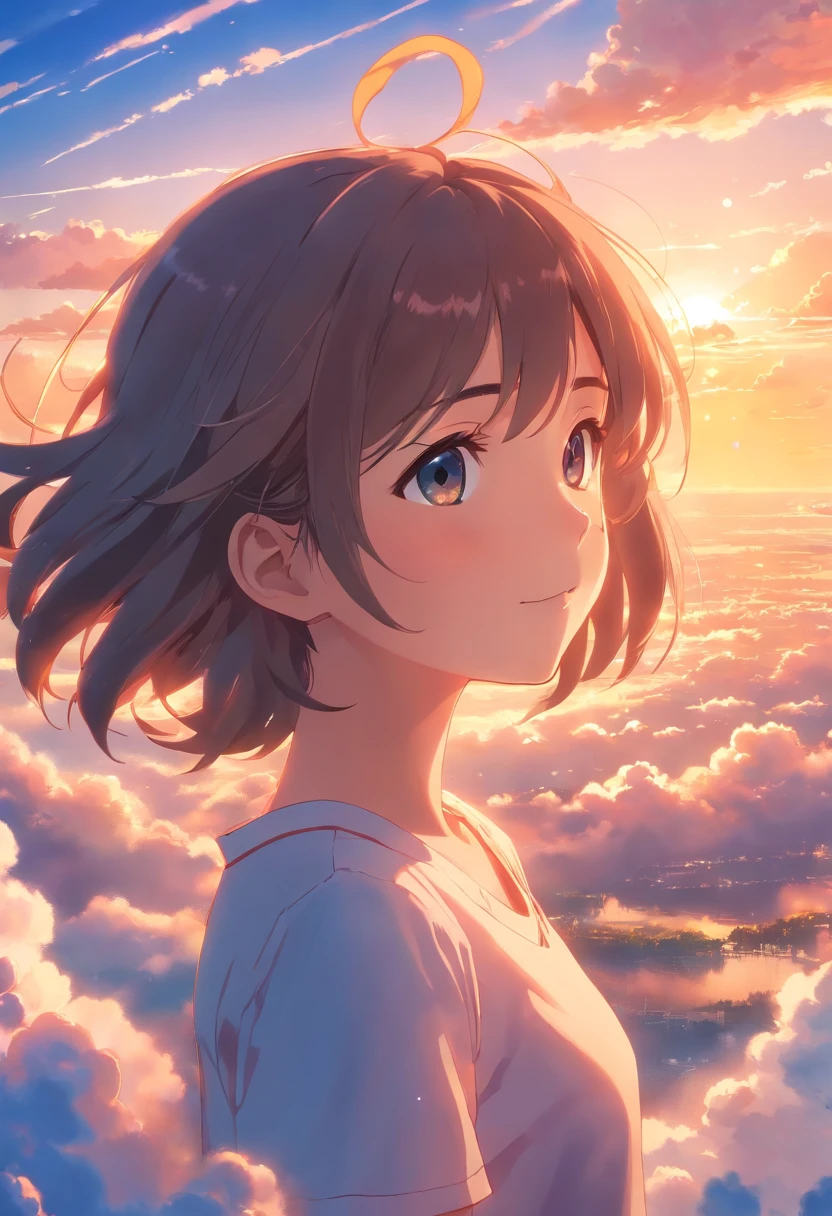 masterpiece, best quality, movie still, 1girl, cloud girl, floating in the sky, close-up, bright, happy, warm soft lighting, sunset, (sparks:0.7),