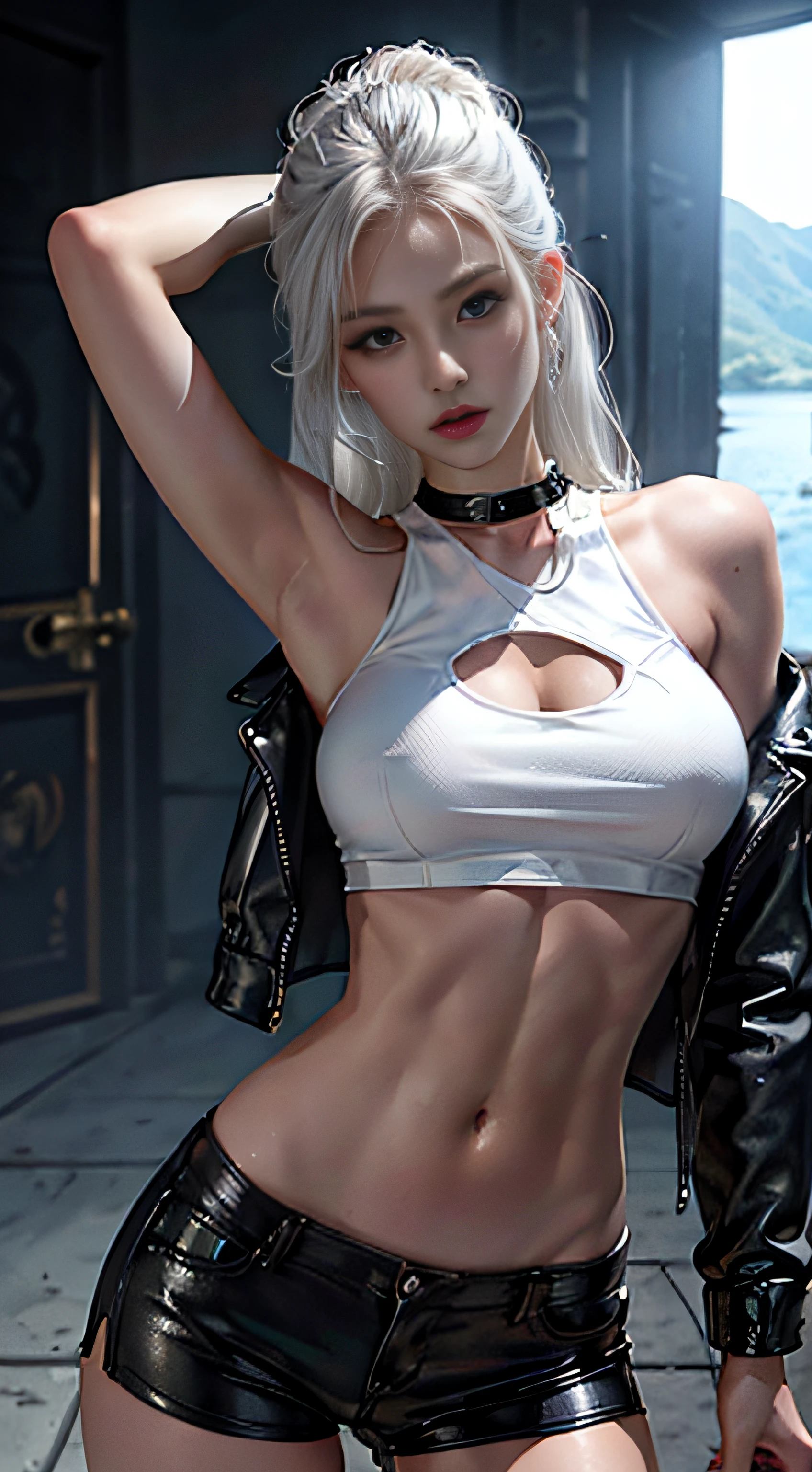 Female in her 20s, Front view, ultra realistic concept art, blueish grey hair, Naked nudity, Large screen with full-body view, movie light, Stick out your chest, Spread your legs slightly apart, sexy smile, Chest pov, (Angle from above:0.6), leather jacket