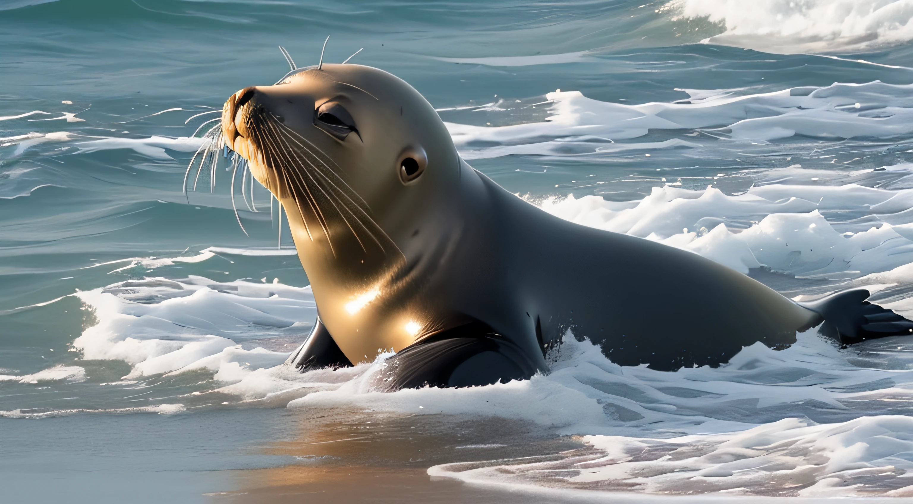 Hello, cute little sea lion! He's been splashing around and having fun with his friends all day, and now he's feeling sleepy. Let's say goodnight to the sea lion and wish him the sweetest of dreams.