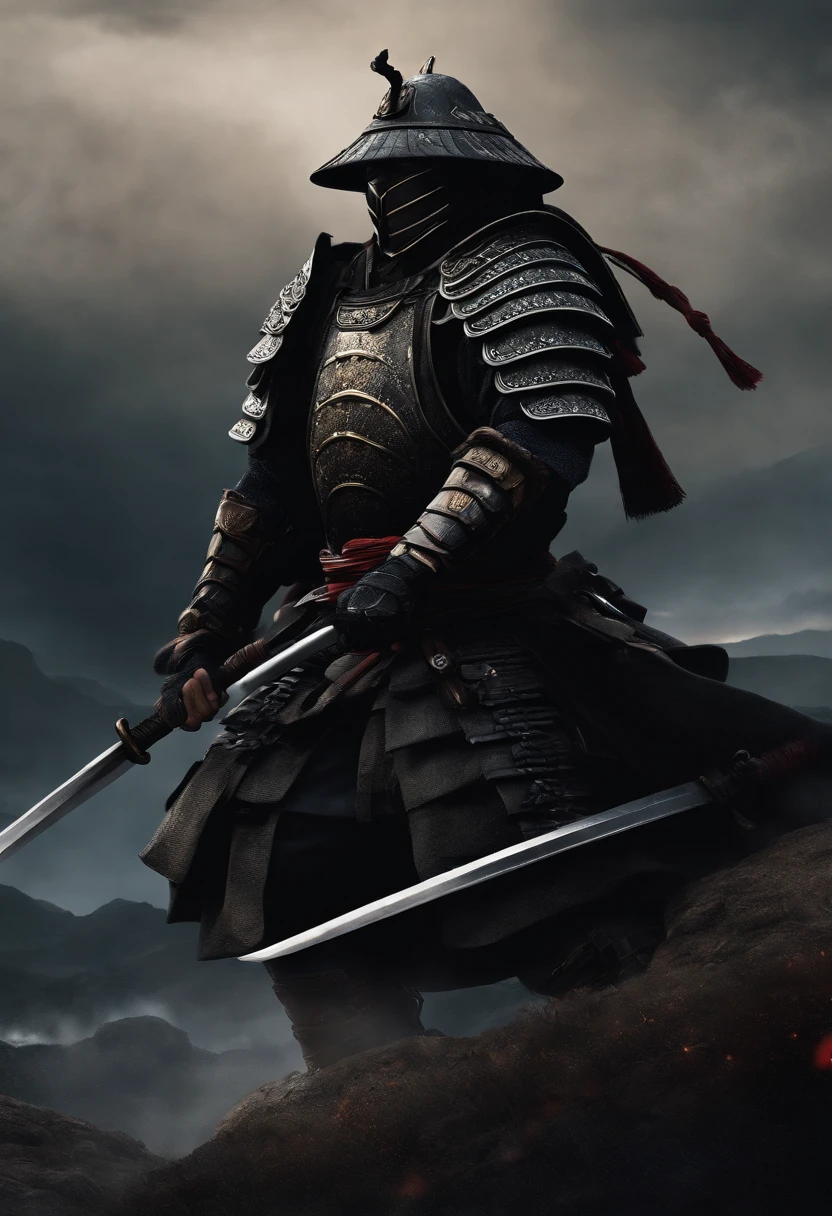 Create a realistic digital illustration that depicts a samurai wearing full black armor, dating back to the year 1579 in ancient Japan, Positioned head-on on a battlefield during an epic showdown. A imagem deve destacar o samurai, com sua espada brilhando intensamente, as he is surrounded by enemy warriors in a dark and challenging landscape, With the dark night sky in the background