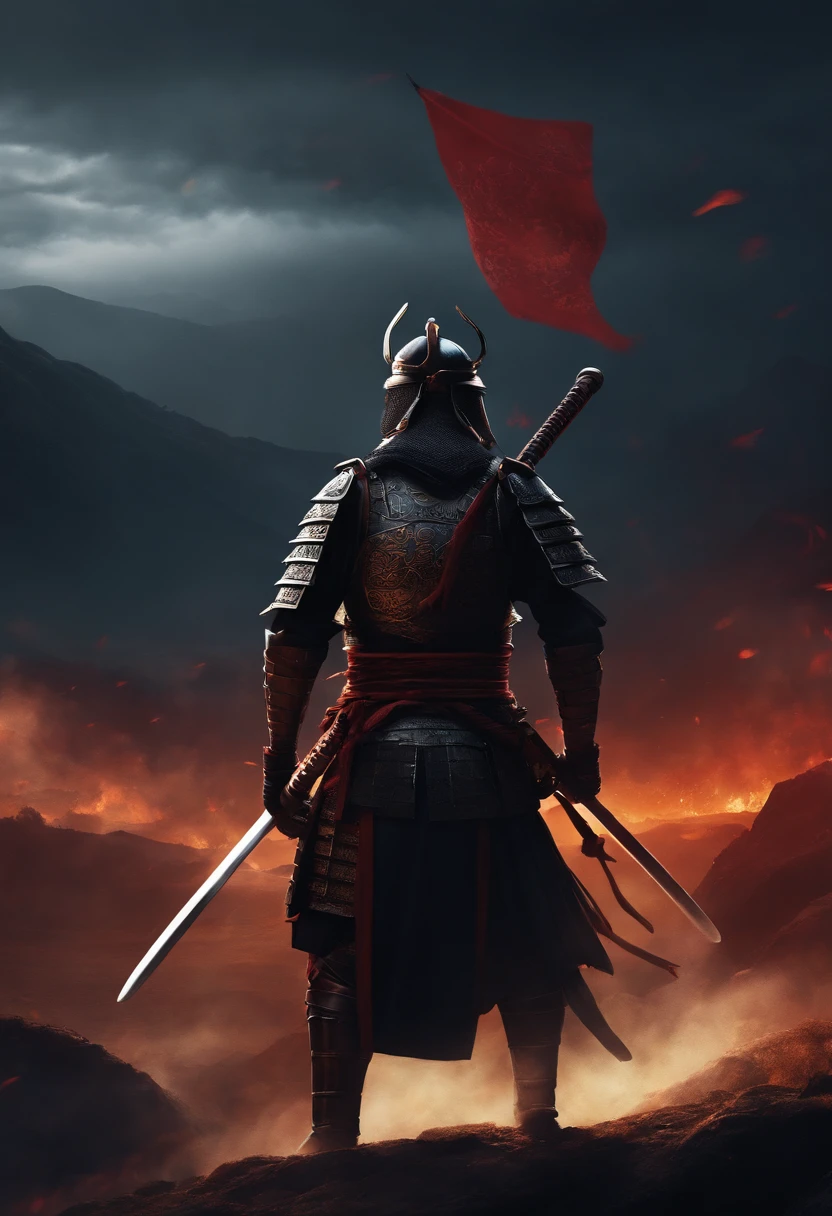 Create a realistic digital illustration that depicts a samurai wearing full black armor, dating back to the year 1579 in ancient Japan, Positioned head-on on a battlefield during an epic showdown. A imagem deve destacar o samurai, com sua espada brilhando intensamente, as he is surrounded by enemy warriors in a dark and challenging landscape, With the dark night sky in the background