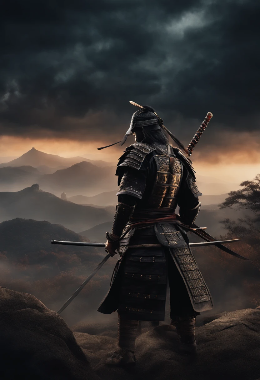 Create a realistic digital illustration that depicts a samurai wearing full black armor, dating back to the year 1579 in ancient Japan, Positioned head-on on a battlefield during an epic showdown. A imagem deve destacar o samurai, com sua espada brilhando intensamente, as he is surrounded by enemy warriors in a dark and challenging landscape, With the dark night sky in the background