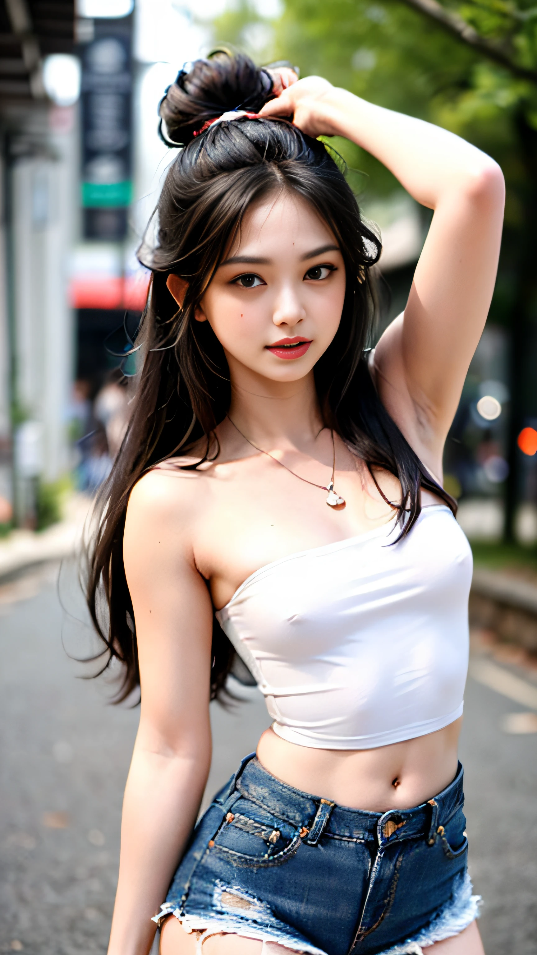 (Amazing photos of beautiful Japan women),
((Highly detailed, Best Quality)),(Photorealistic:1.2),8K,(High resolution),(depth of fields:1.2),(Character Focus),Perfect Anatomy,(Professional Lighting),
(1girl in),(年轻),(Arm up),
Looking at Viewer,(Walking),
((Beautiful detailed eyes)),(Narrow face:1.2),Thick eyebrows,(Falling eyebrows),(tareme:1.2),(Blue Eyeshadow),Big eyes,(Brown eyes:1.3),
(Smiling),blush,(super detailed skin),
(Parted lips:1.1),(Plump lips:1.2),(Glossy lips),(lip stick)
braid,(Black medium hair),(Pulled back hair),((wide forehead)),(slender:1.2),
(Ideal ratio body proportions:1.1),(Tall body:1.2),Attractive thighs,Attractive waist circumference,
(flat chest:1.35), ( Visible through clothes),(muscular:1.25),(Skin-tight clothing:1.3),
(High Cut Denim Shorts:1.4),(White tube top:1.3),(Pubic hair:1.6),(Crotch bulge:1.45),
Street,