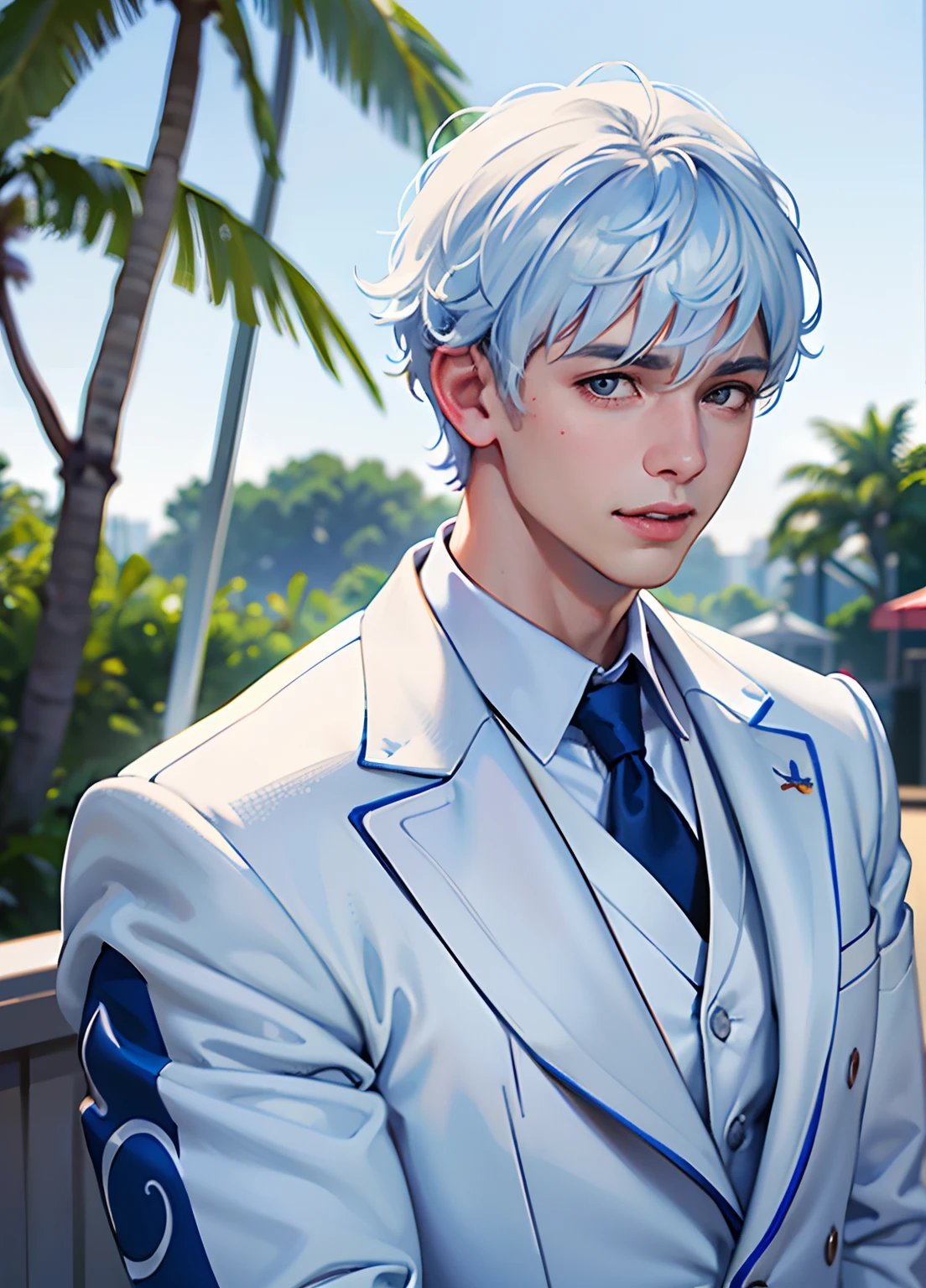 bestquality,masterpiece,highres,Realistic,(Depth of Field|amusement park), 1male,Upper body,(background|Perfumed coconut plantation),(White Hair|blue hair), white suit, Short Hair Hair, I licked it back., Melowh, :>, handsome,