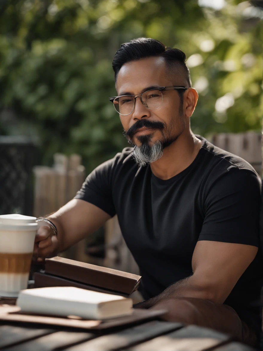 Portrait of a malay father, 40 years old, full facial hair and beard, trimmed, a little bit of graying hair, hair slick back, glasses, wearing long sleeves black t-shirt, smoking a cigarette and drinking coffee while reading a book, sitting on a chair on a patio, outside, sunny day