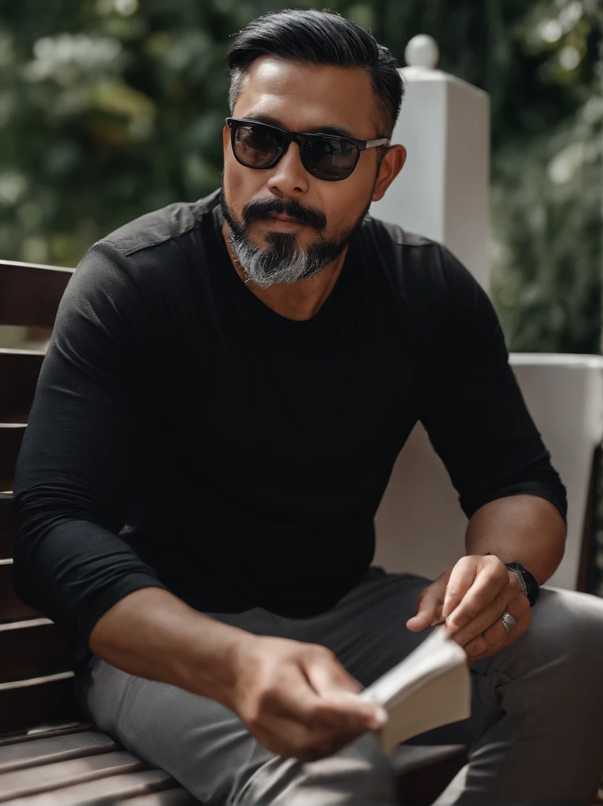 Portrait of a malay father, 40 years old, full facial hair and beard, trimmed, a little bit of graying hair, hair slick back, glasses, wearing long sleeves black t-shirt, smoking a cigarette and drinking coffee while reading a book, sitting on a chair on a patio, outside, sunny day
