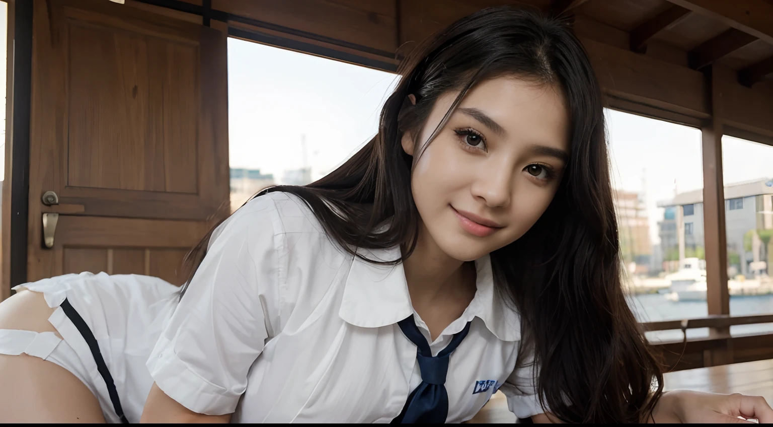 A girl、((best quality、masterpiece 8k:1.3))、foco kianido:1.2、(extremely beautiful face:1.0)、(shiny skin:1.0)、actual photo、A long black hair silky Video light、High-definition eyes and face、(Cute Japanese schoolgirl)、from the front、big breasts with a smile、Slender abs beauties、Full body、wearing school uniforms、 On the harbor early in the morning、