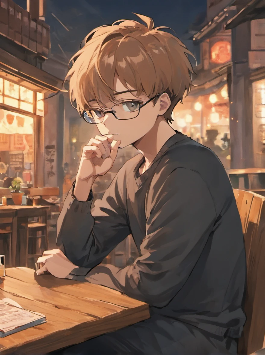 Portrait of a malay father, 40 years old, full facial hair and beard, trimmed, a little bit of graying hair, hair slick back, glasses, wearing long sleeves black t-shirt, smoking a cigarette and drinking coffee while reading a book, sitting on a chair on a patio, outside, sunny day