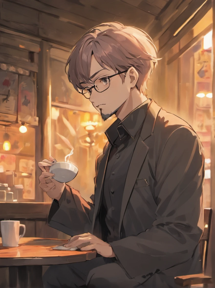 Portrait of a malay father, 40 years old, full facial hair and beard, trimmed, a little bit of graying hair, hair slick back, glasses, wearing long sleeves black t-shirt, smoking a cigarette and drinking coffee while reading a book, sitting on a chair on a patio, outside, sunny day